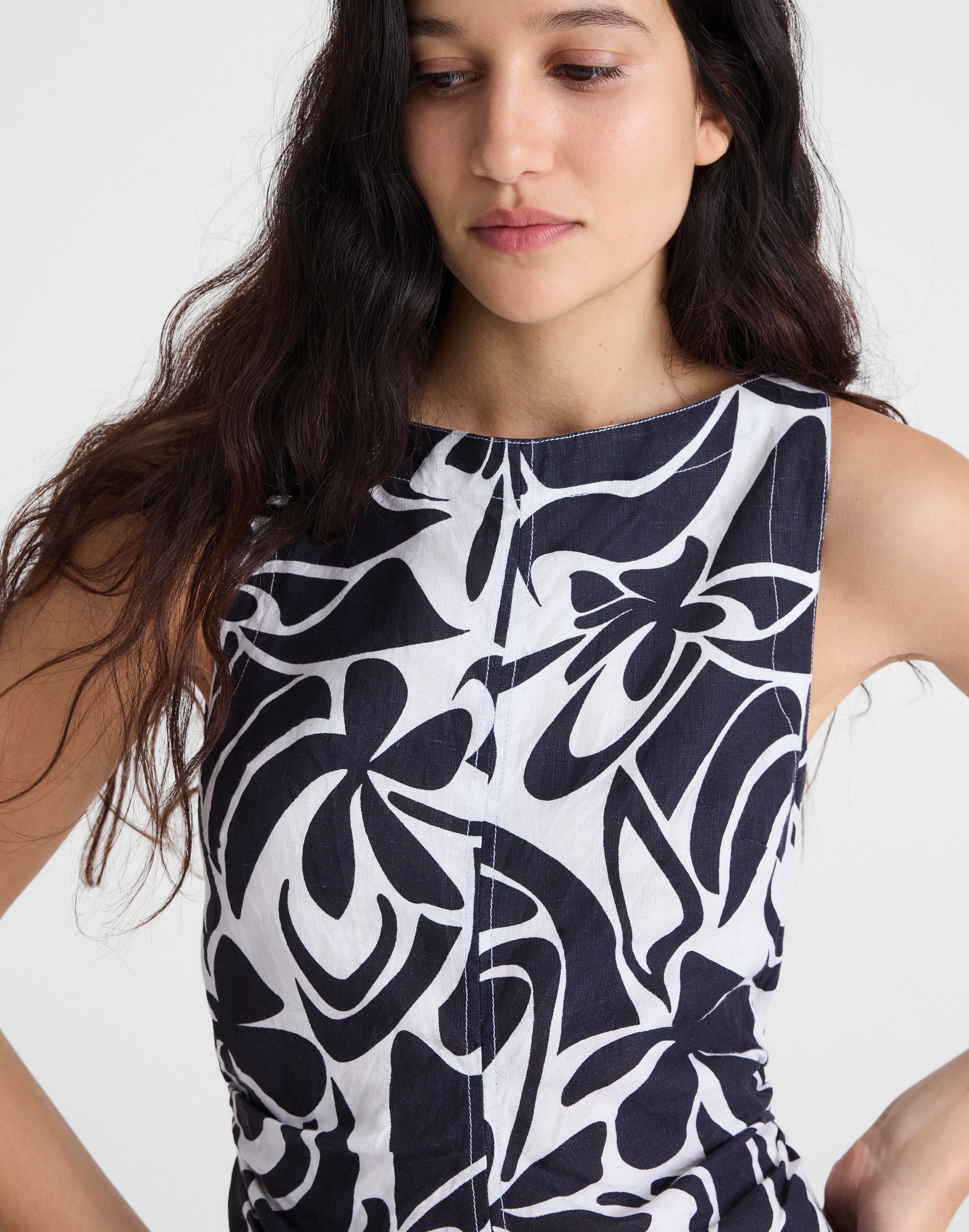 Boatneck Shirred Mini Dress in 100% Linen