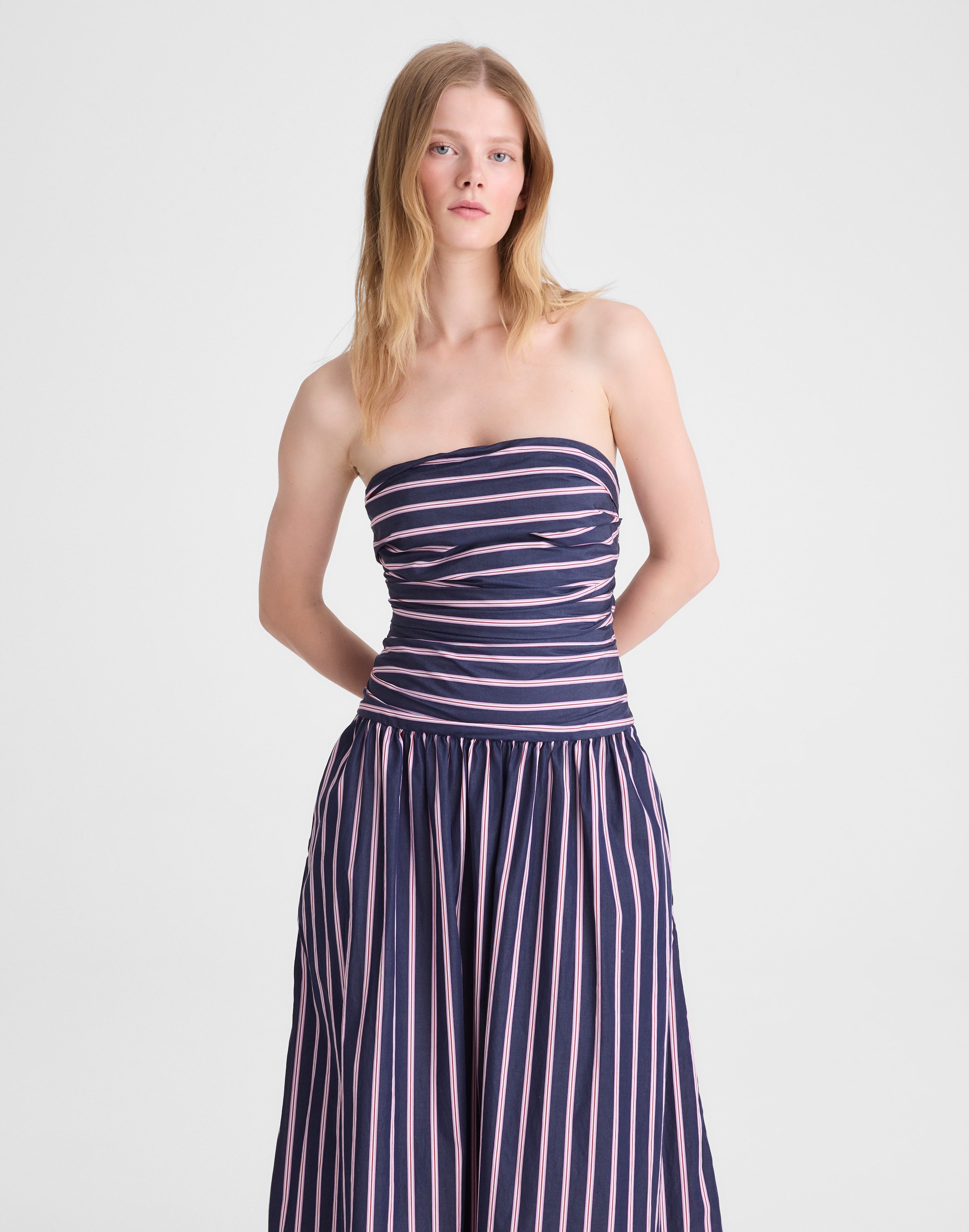 Strapless Ruched Midi Dress in Poplin