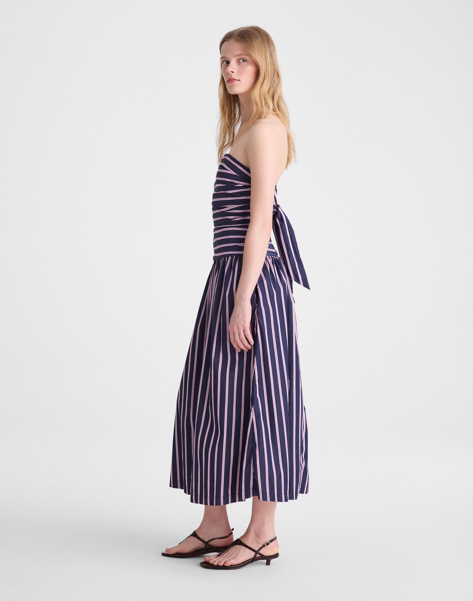 Strapless Ruched Midi Dress in Poplin
