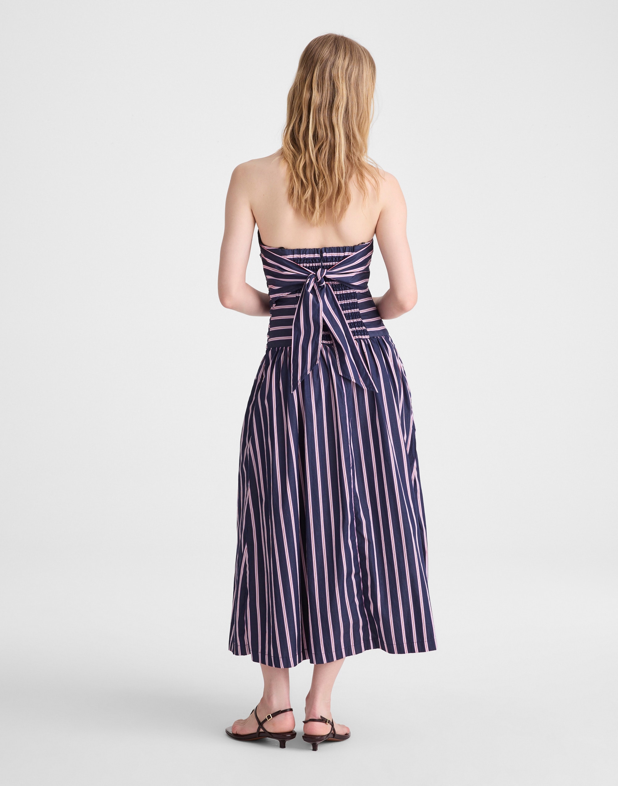 Strapless Ruched Midi Dress in Poplin