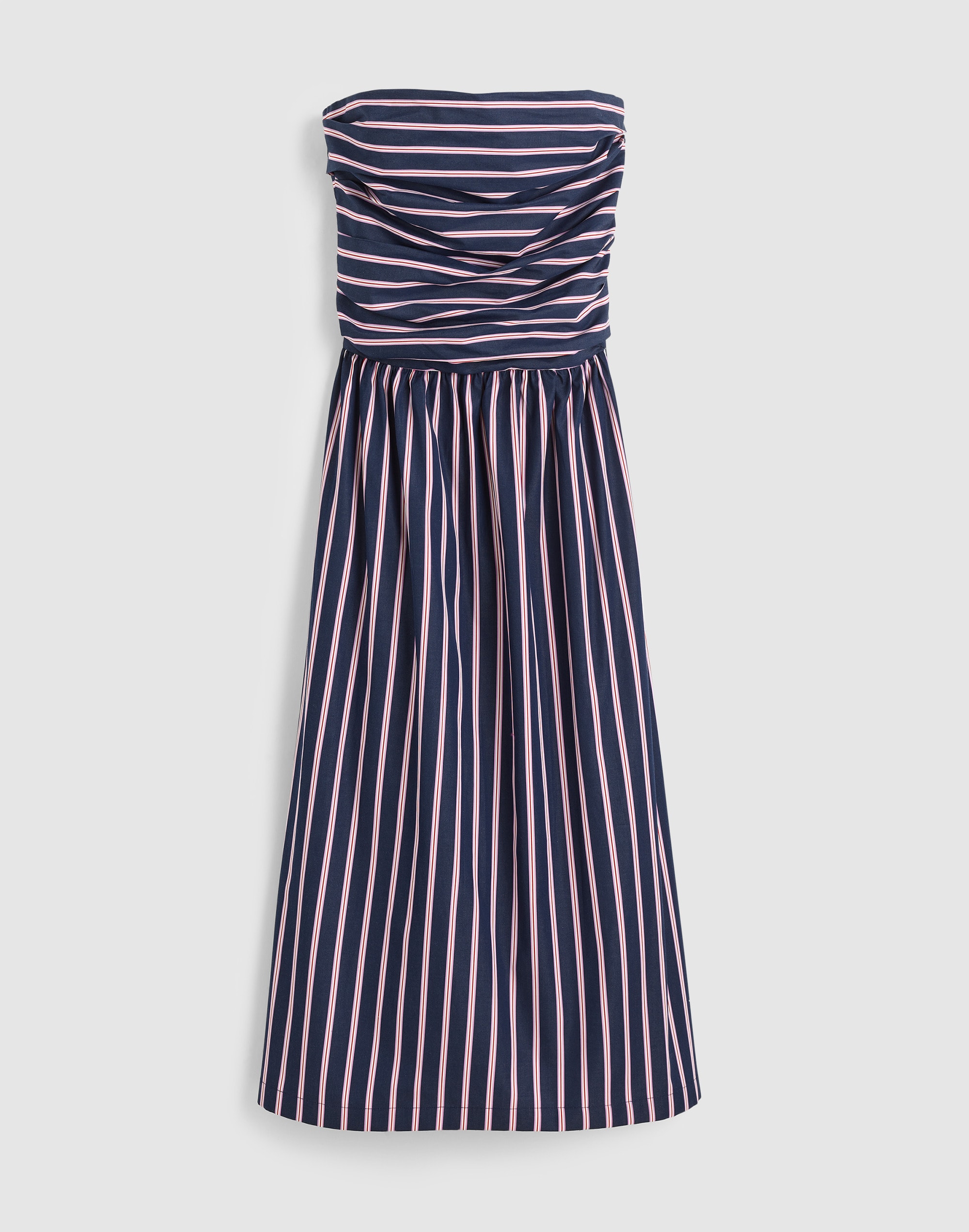 Strapless Ruched Midi Dress in Poplin