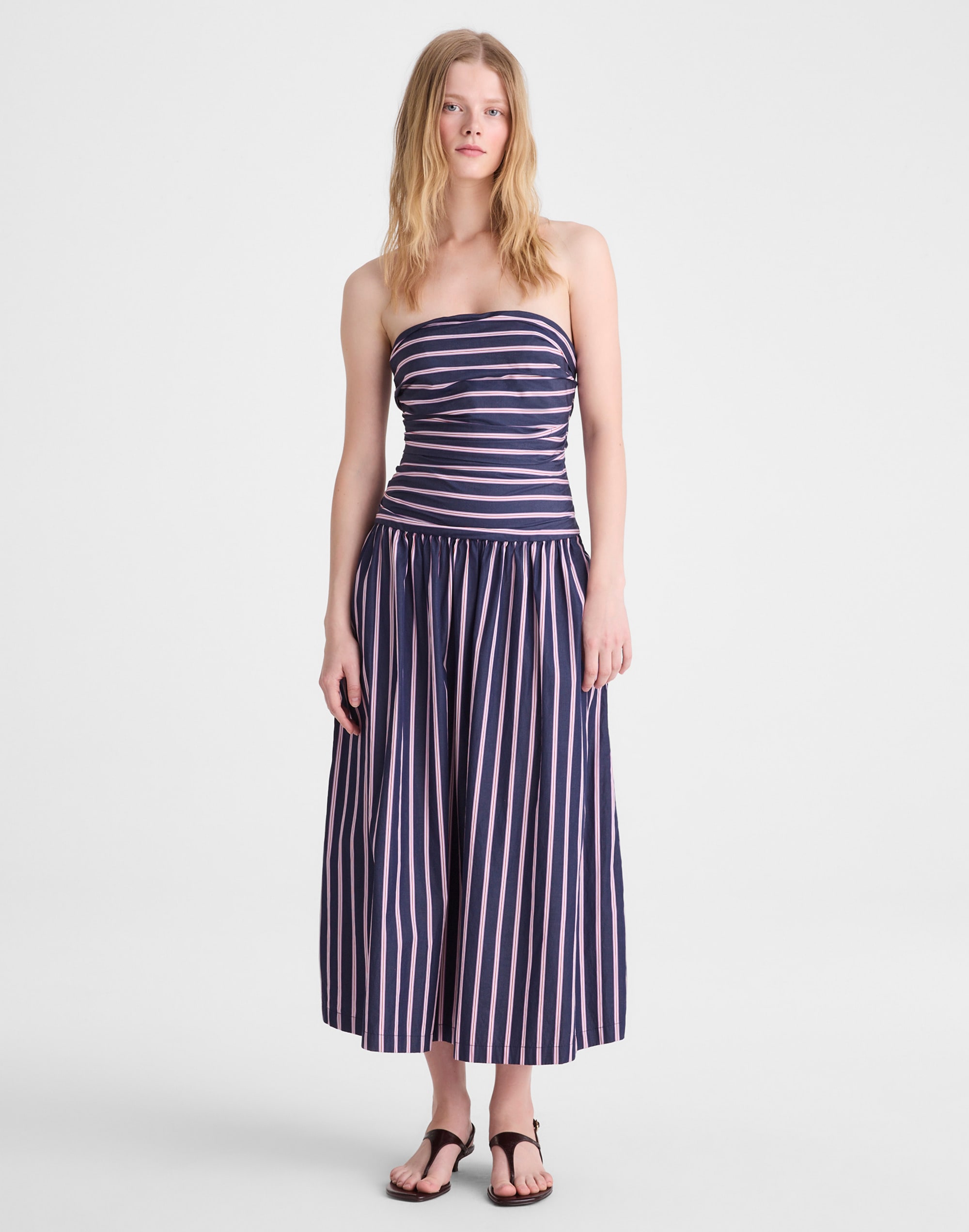 Strapless Ruched Midi Dress in Poplin