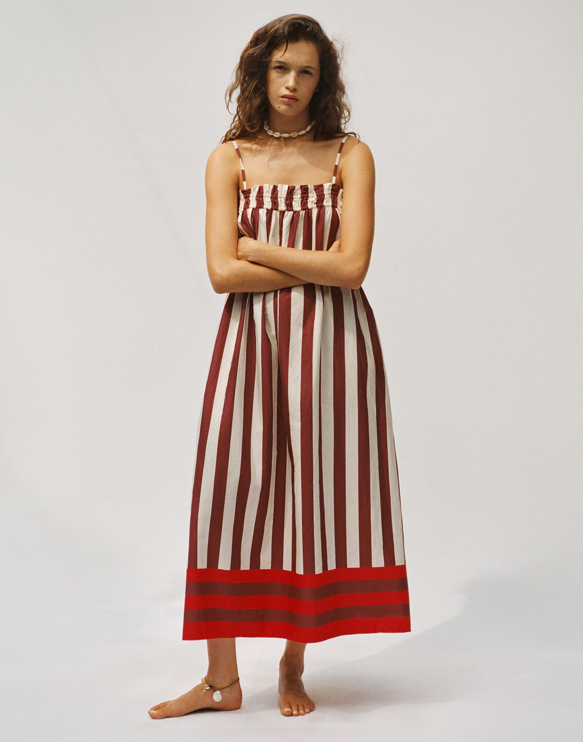 Ruffle A-Line Midi Dress in Stripe