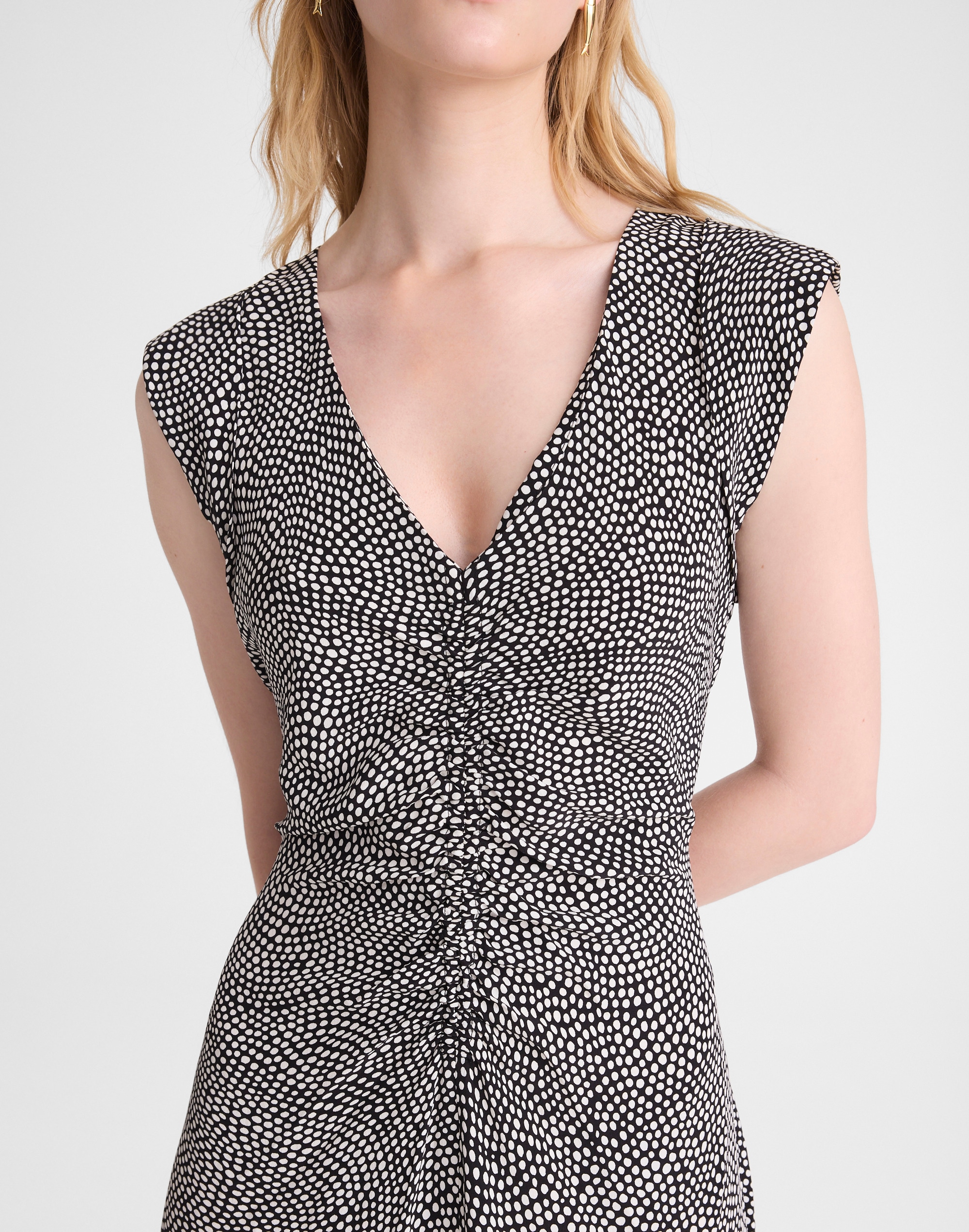 Ruched Flutter-Sleeve Midi Dress
