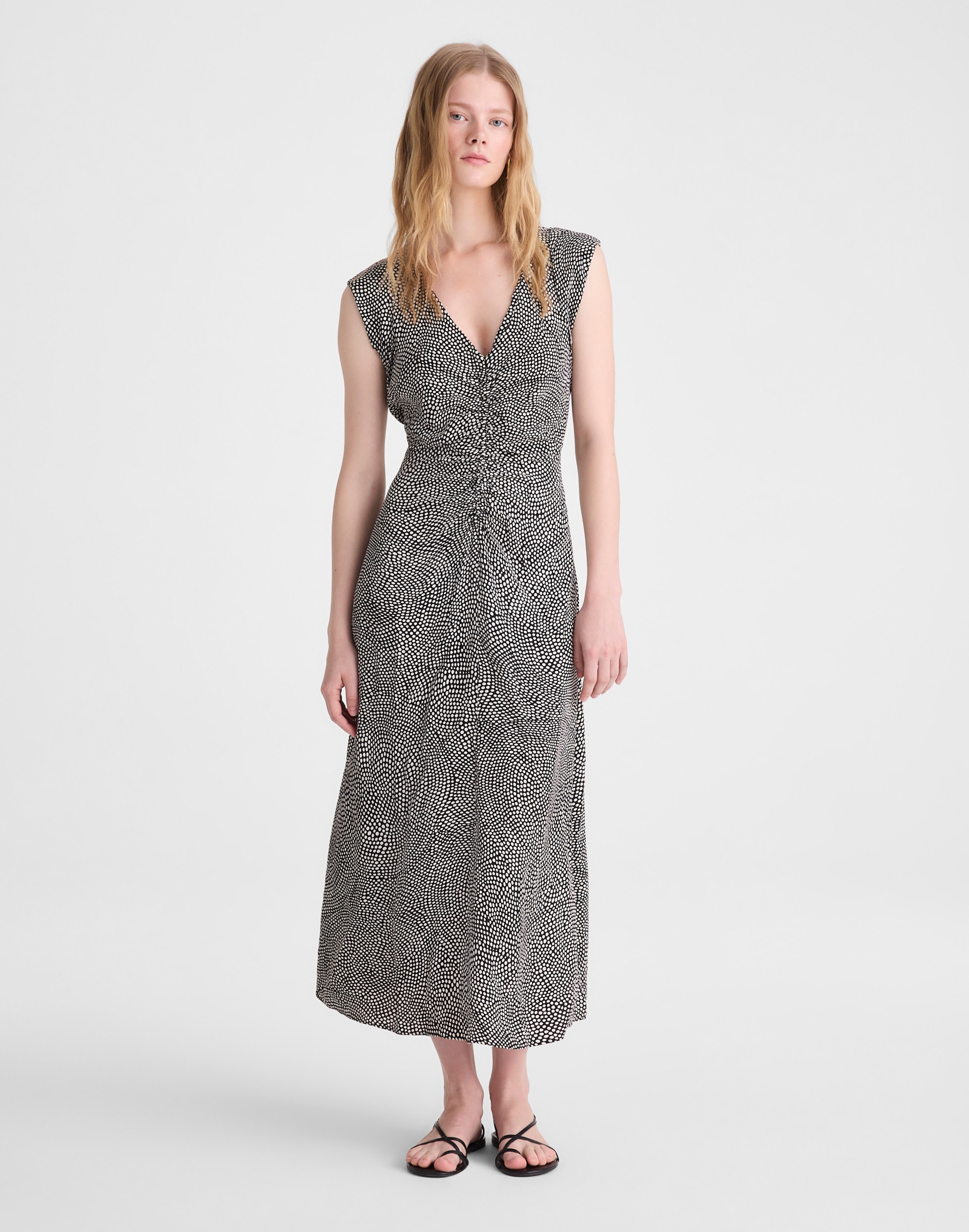 Ruched Flutter-Sleeve Midi Dress