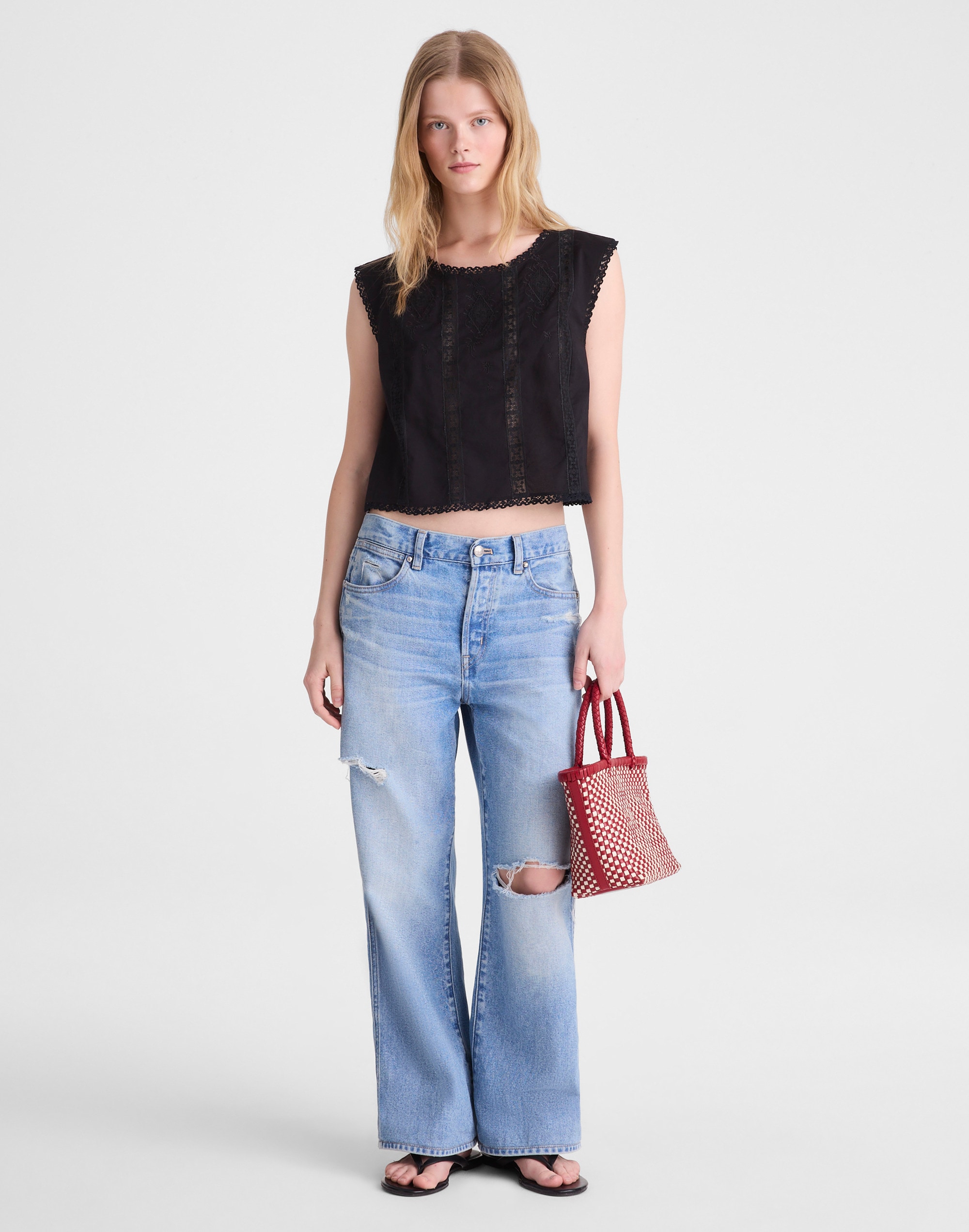 Embroidered Lace-Insert Top