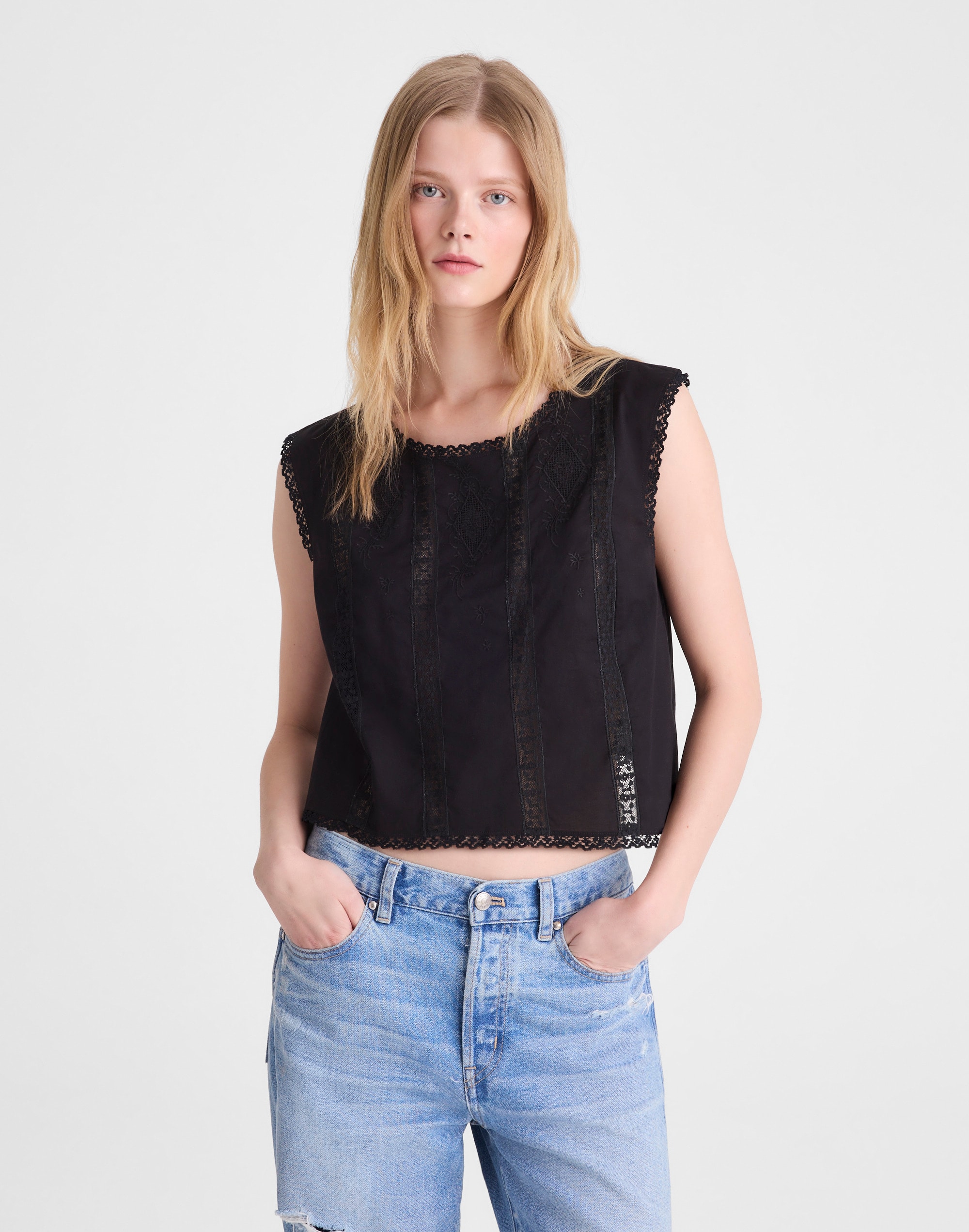 embroidered lace-insert top