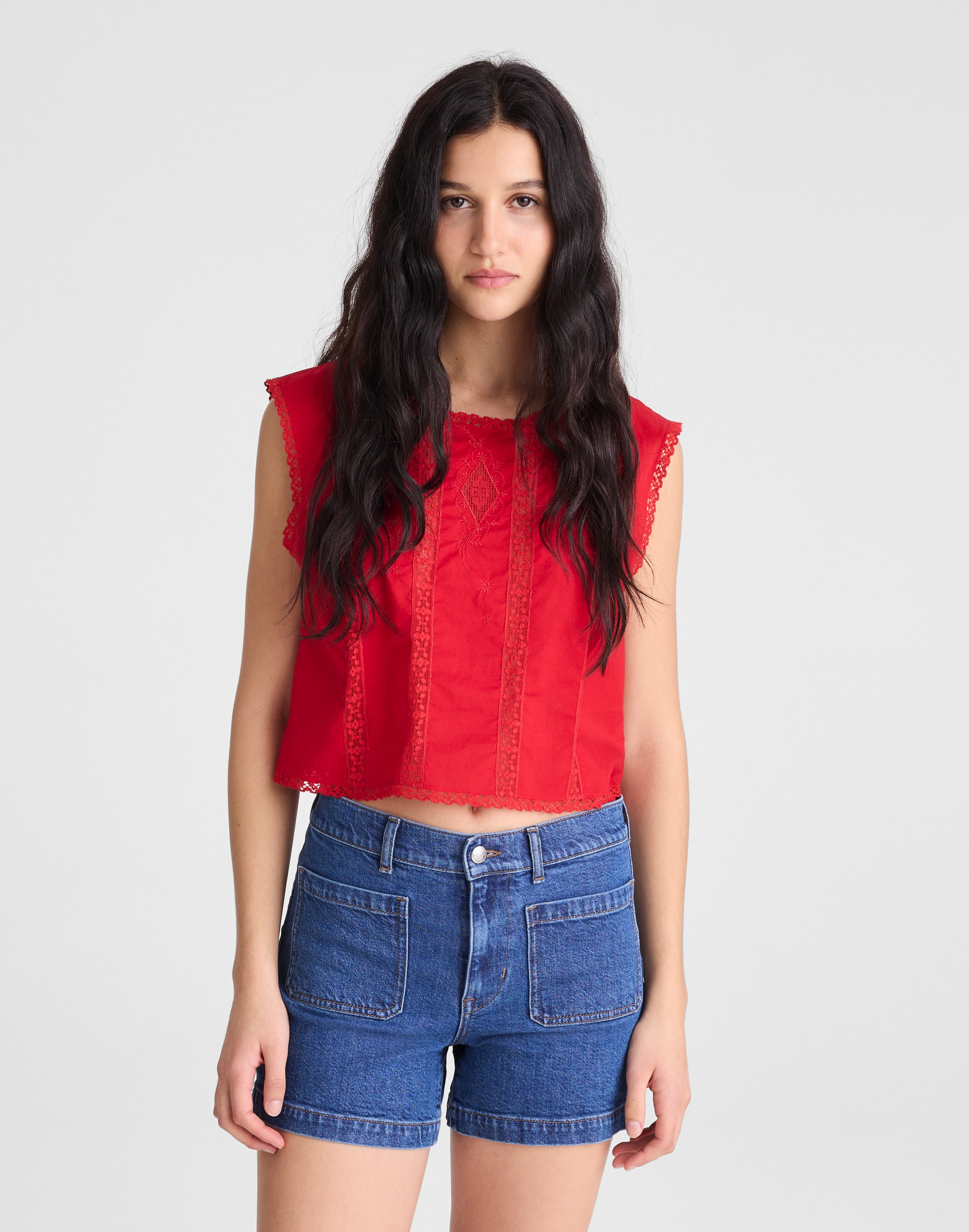 embroidered lace-insert top