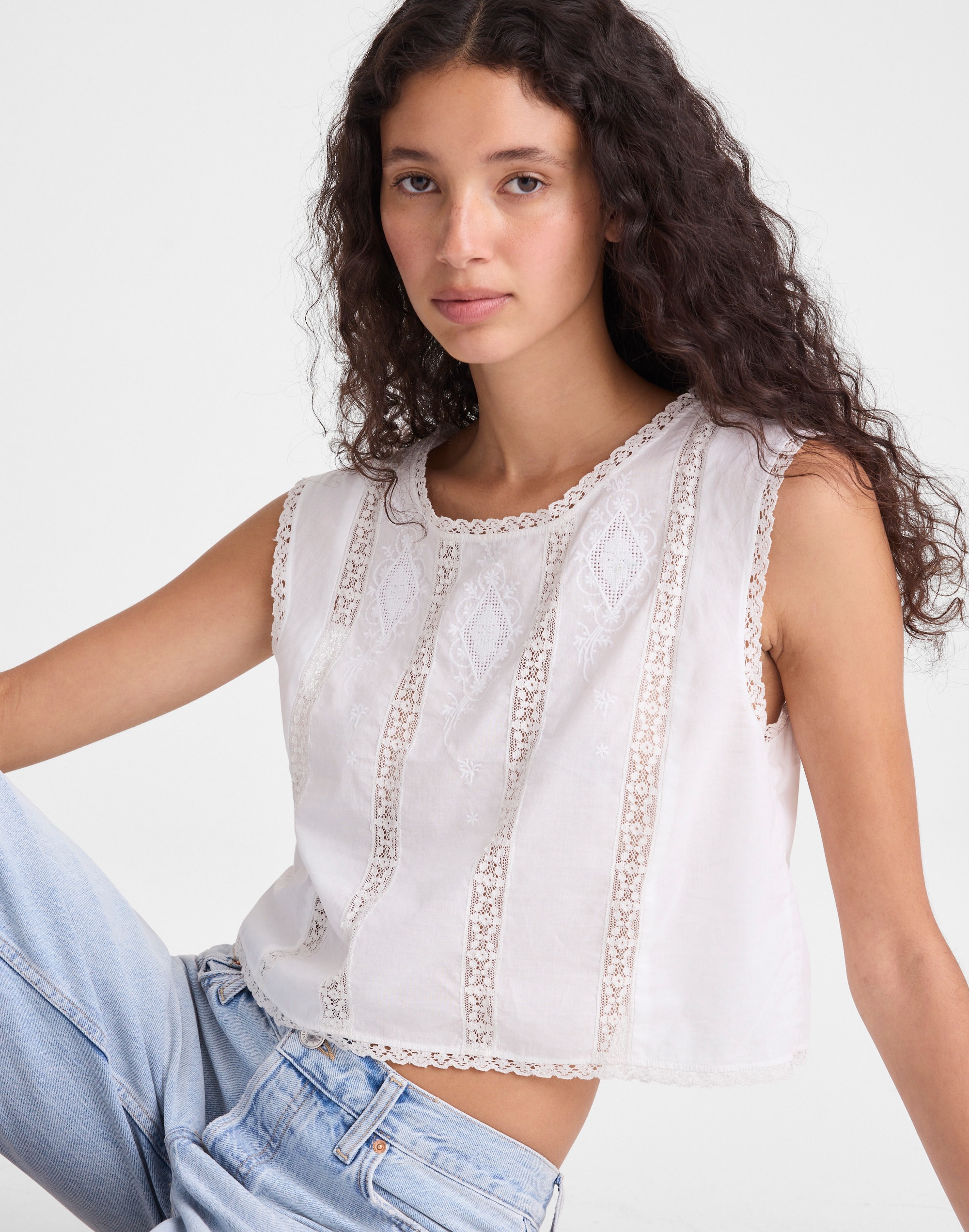 embroidered lace-insert top