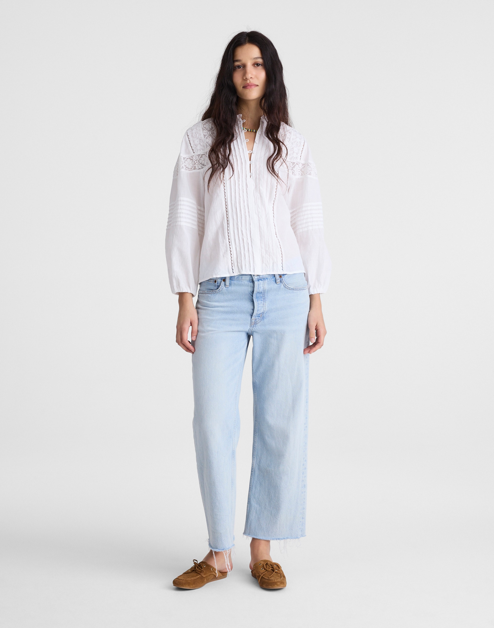Ruffled High-Neck Pintuck Blouse