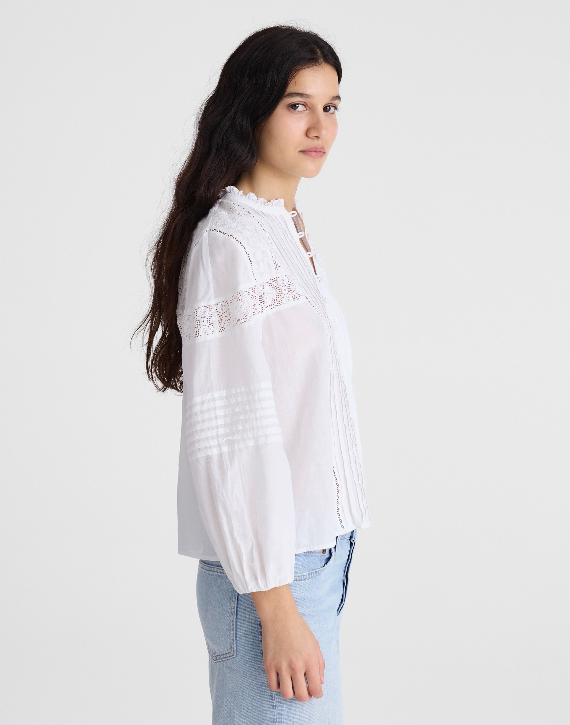 Ruffled High-Neck Pintuck Blouse