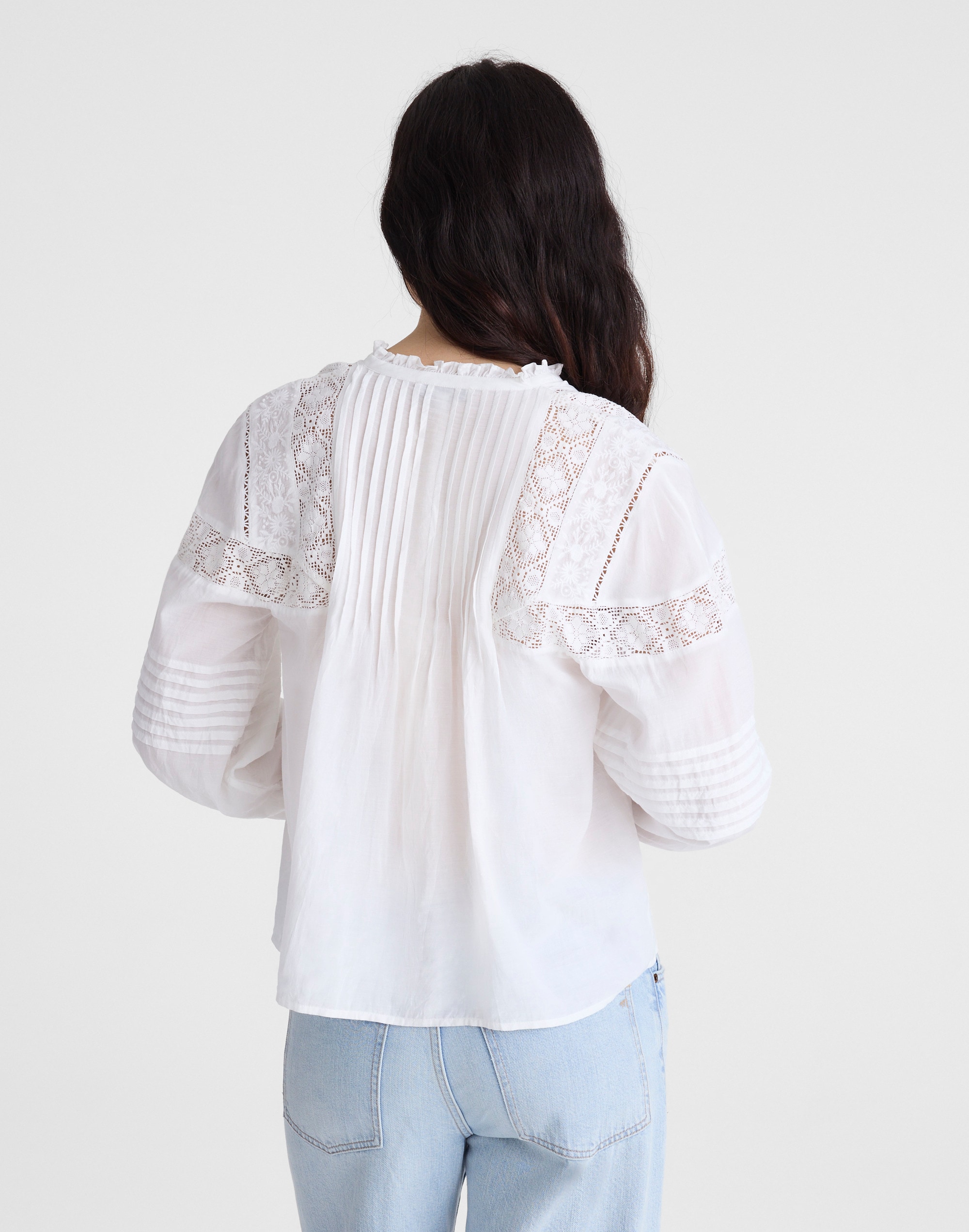 Ruffled High-Neck Pintuck Blouse