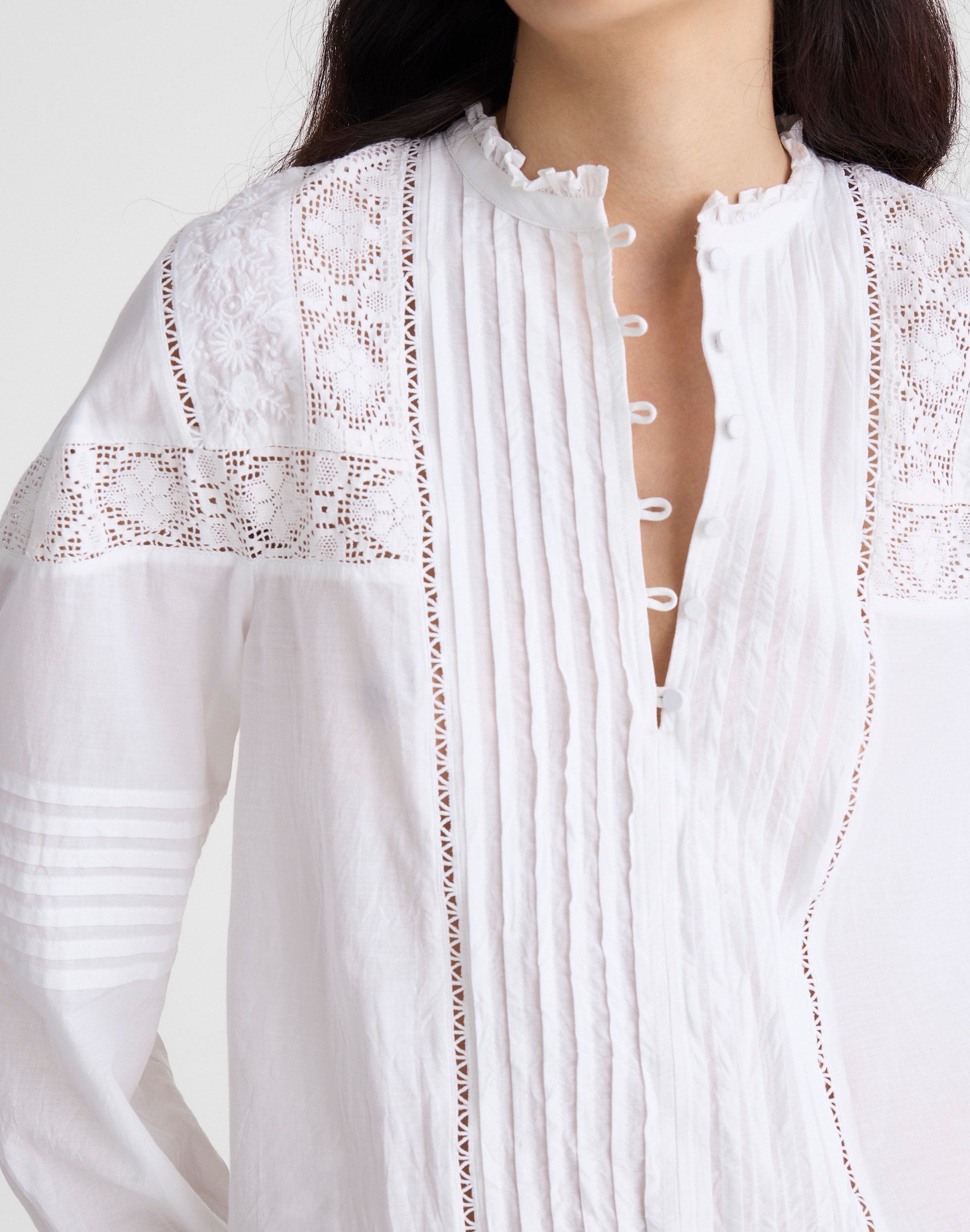 Ruffled High-Neck Pintuck Blouse