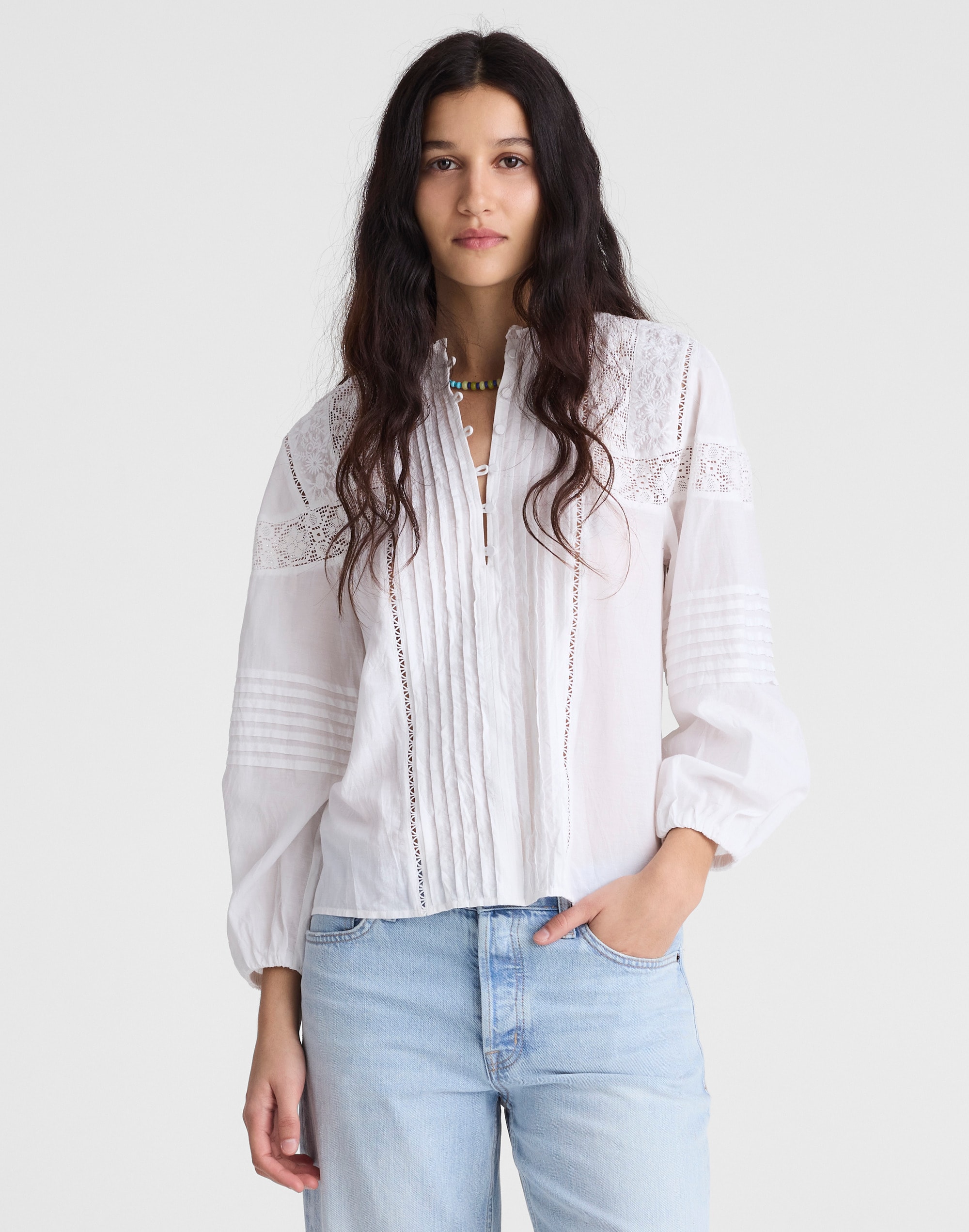 Ruffled High-Neck Pintuck Blouse