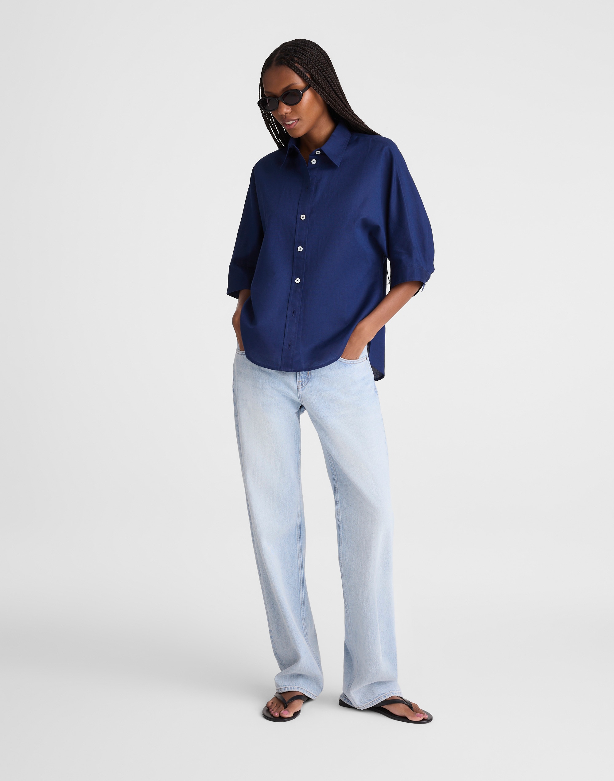 Relaxed Pleat-Sleeve Button-Up Shirt in Cotton-Linen Blend