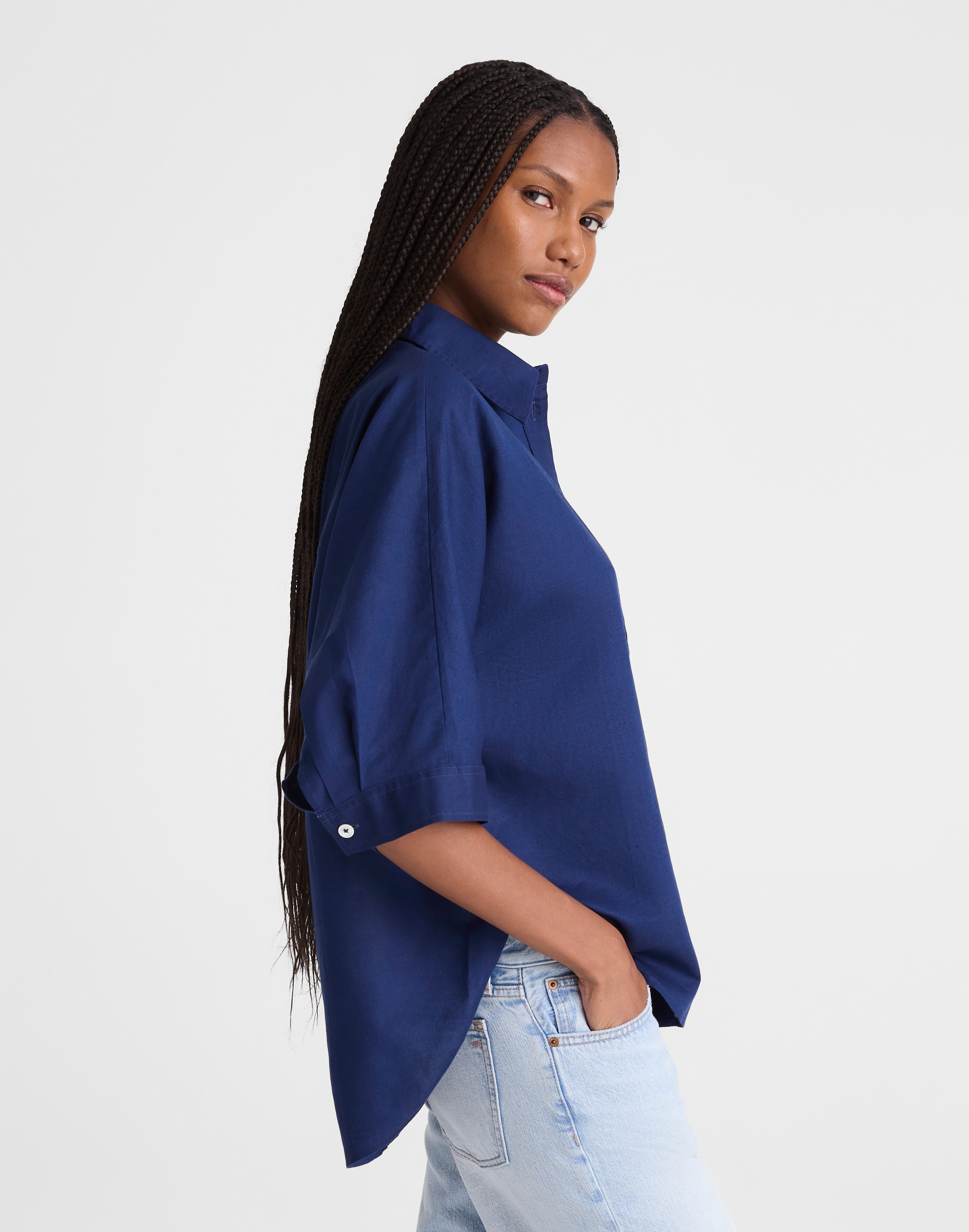 Relaxed Pleat-Sleeve Button-Up Shirt in Cotton-Linen Blend