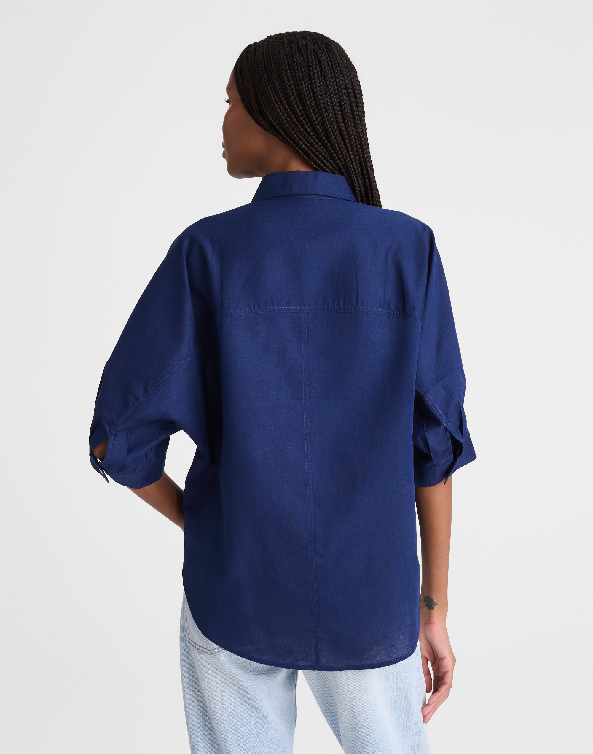 Relaxed Pleat-Sleeve Button-Up Shirt in Cotton-Linen Blend