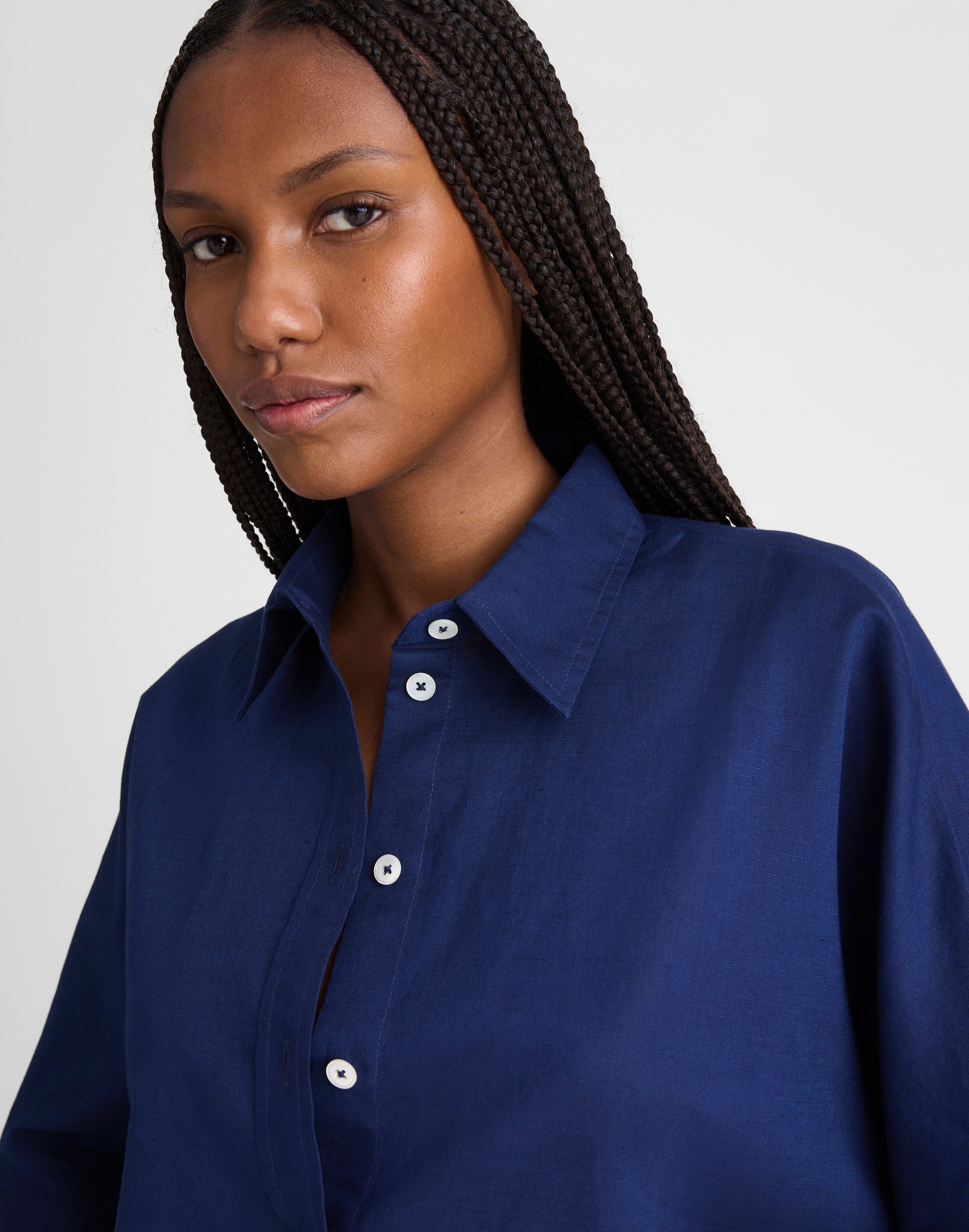 Relaxed Pleat-Sleeve Button-Up Shirt in Cotton-Linen Blend