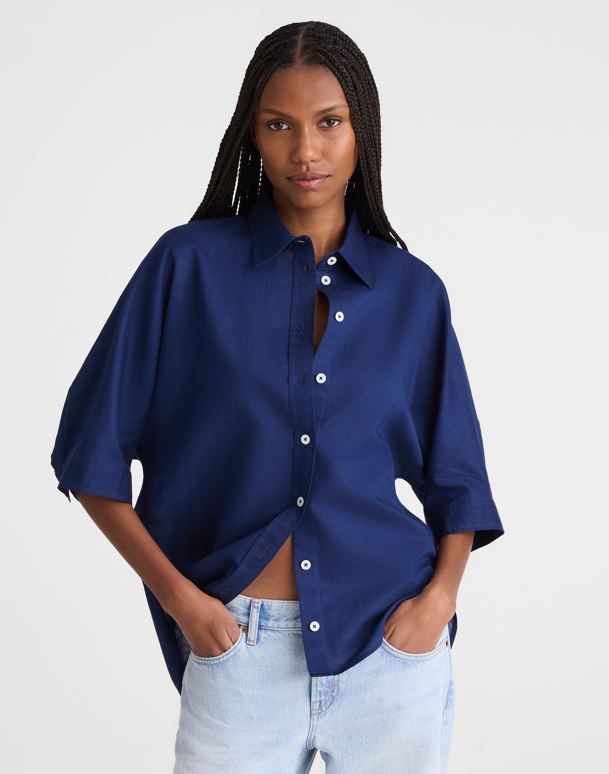 Relaxed Pleat-Sleeve Button-Up Shirt in Cotton-Linen Blend