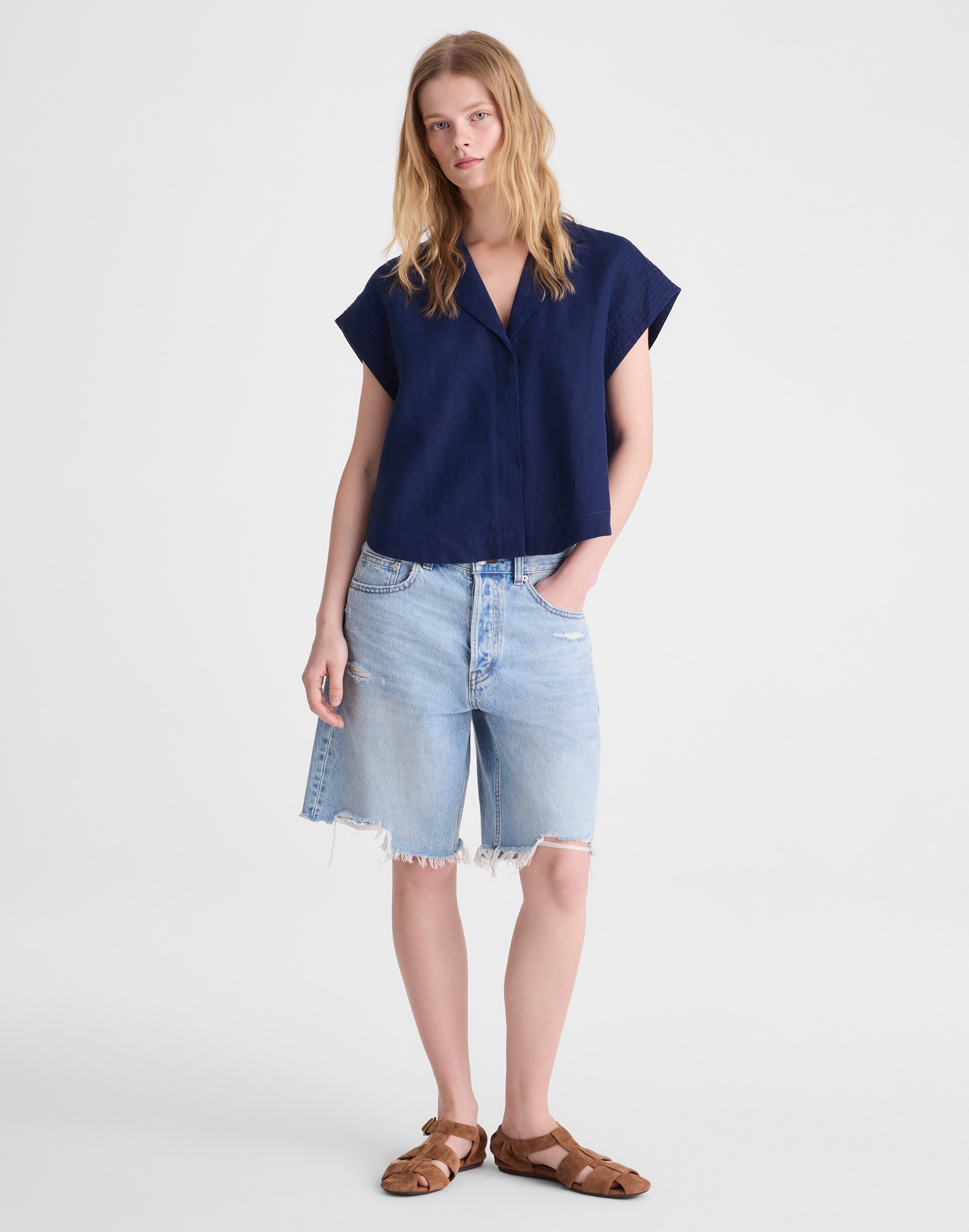 Notch-Collar Popover Shirt in 100% Linen