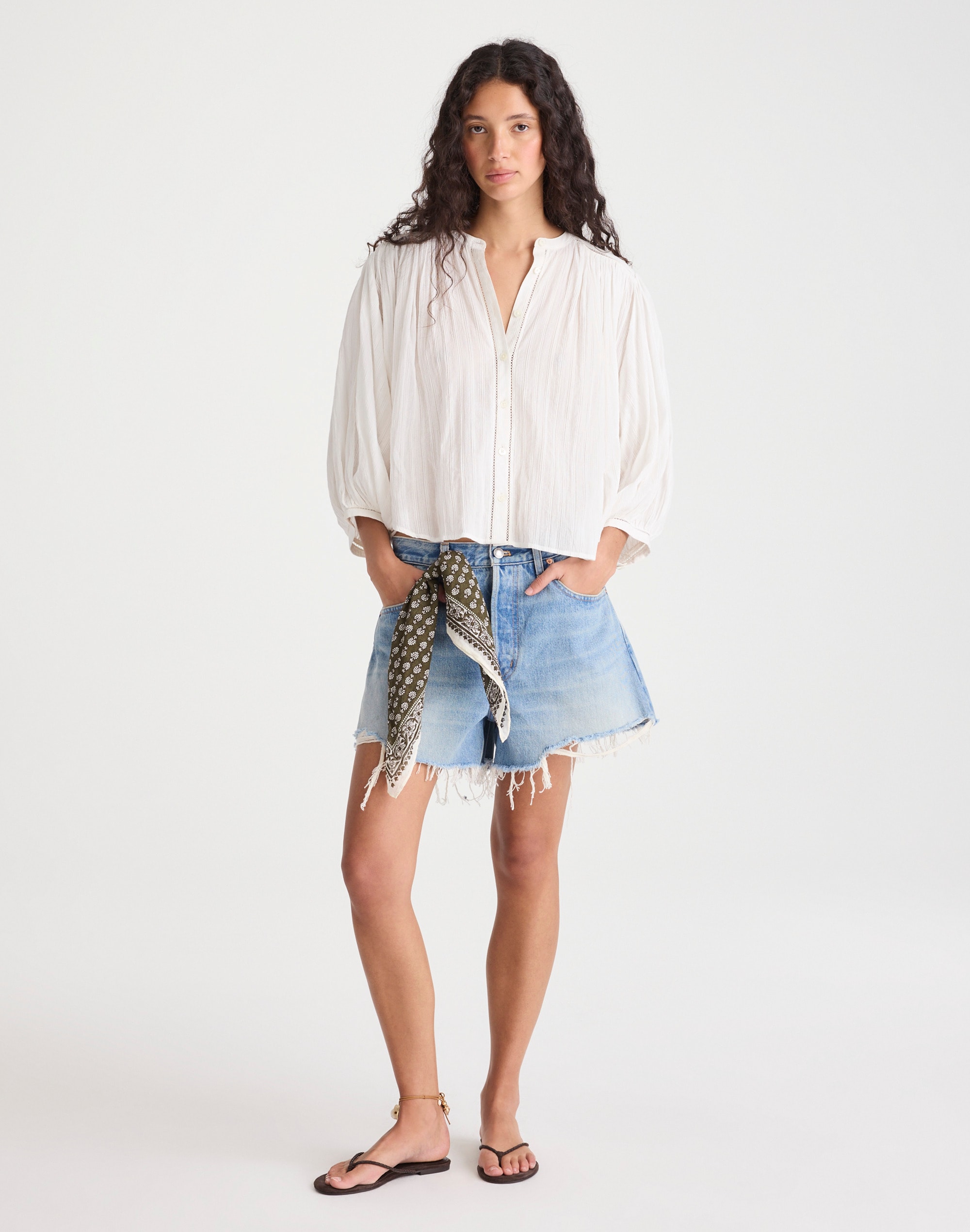 Shirred Button-Up Blouse