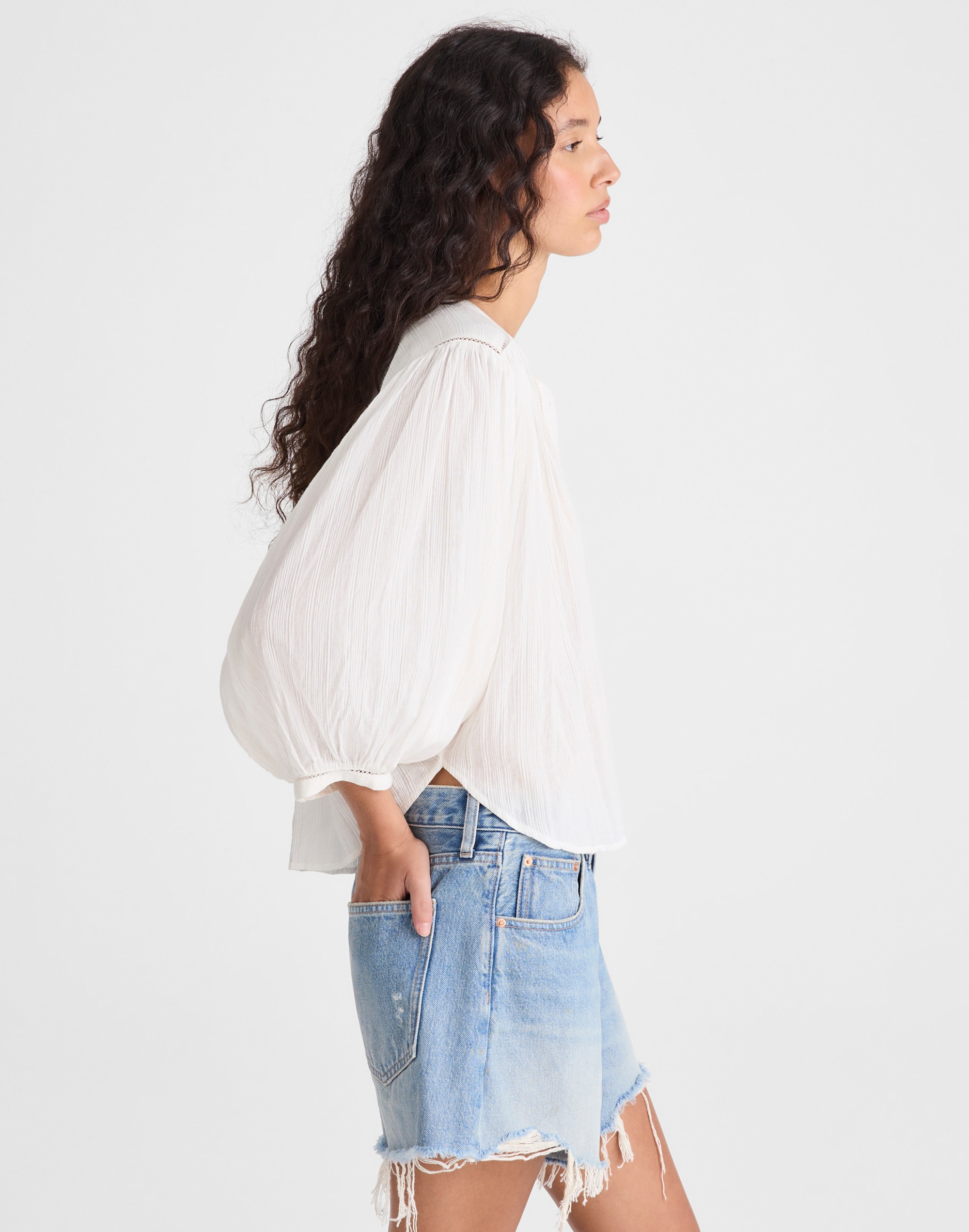 Shirred Button-Up Blouse