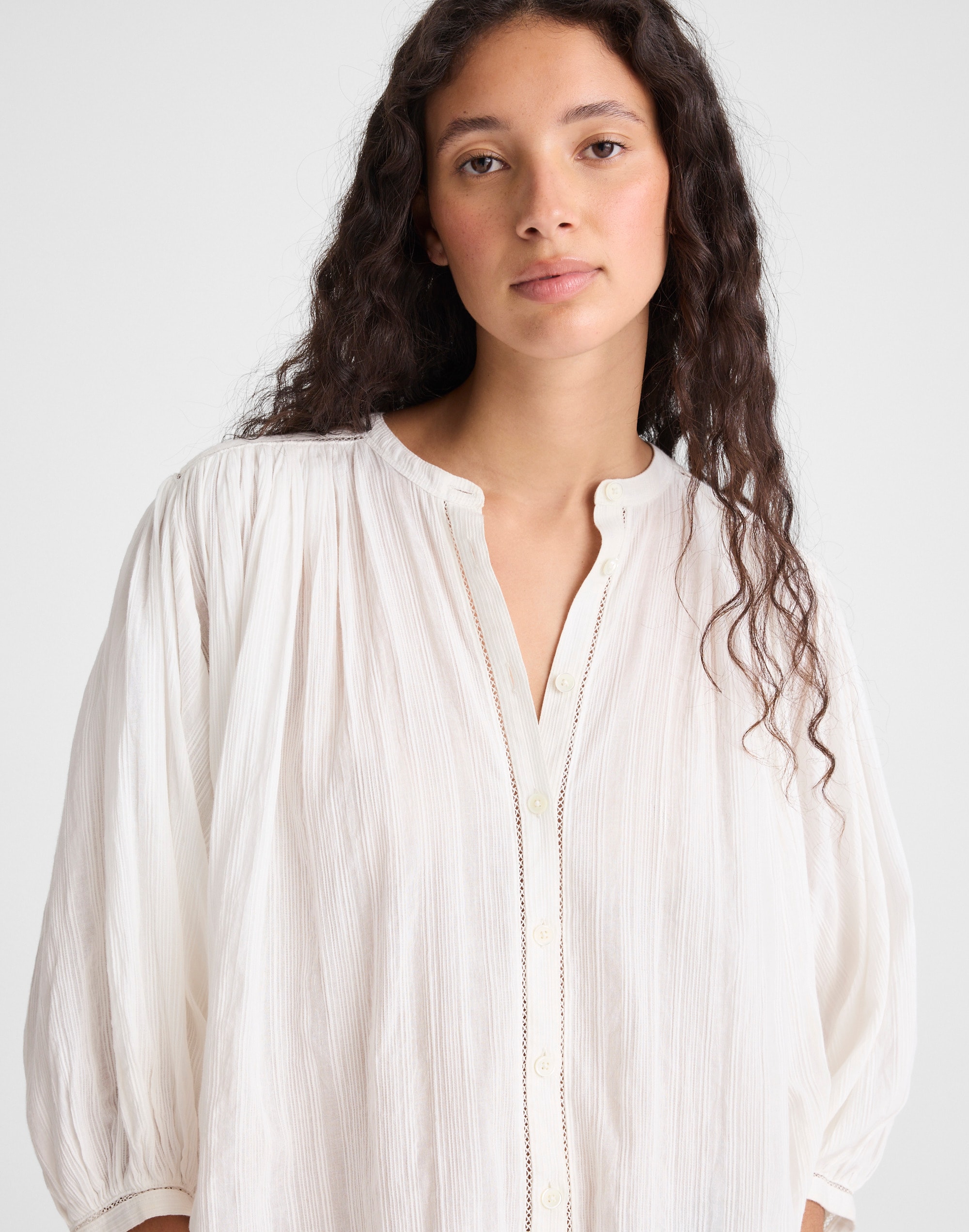 Shirred Button-Up Blouse