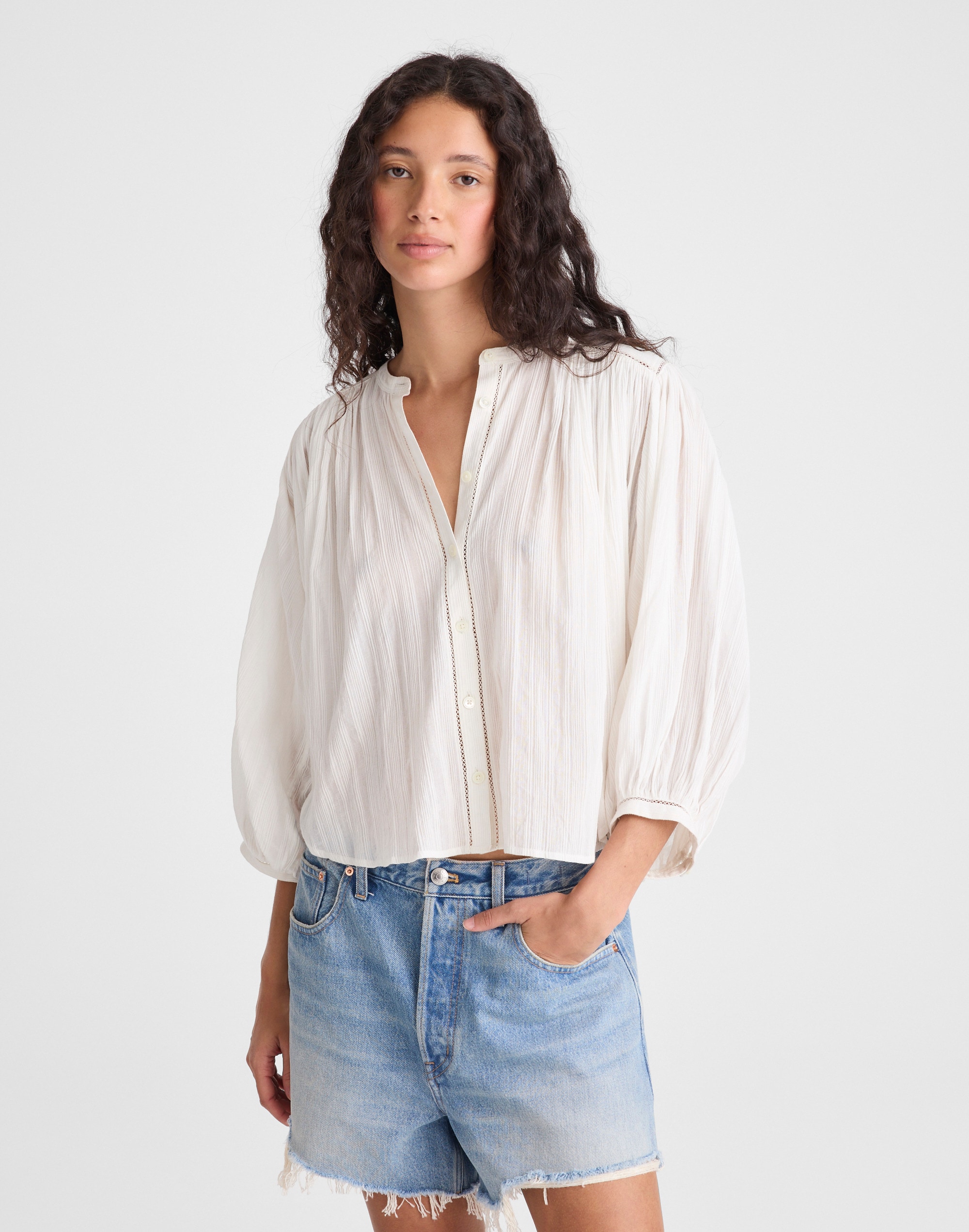 shirred button-up blouse