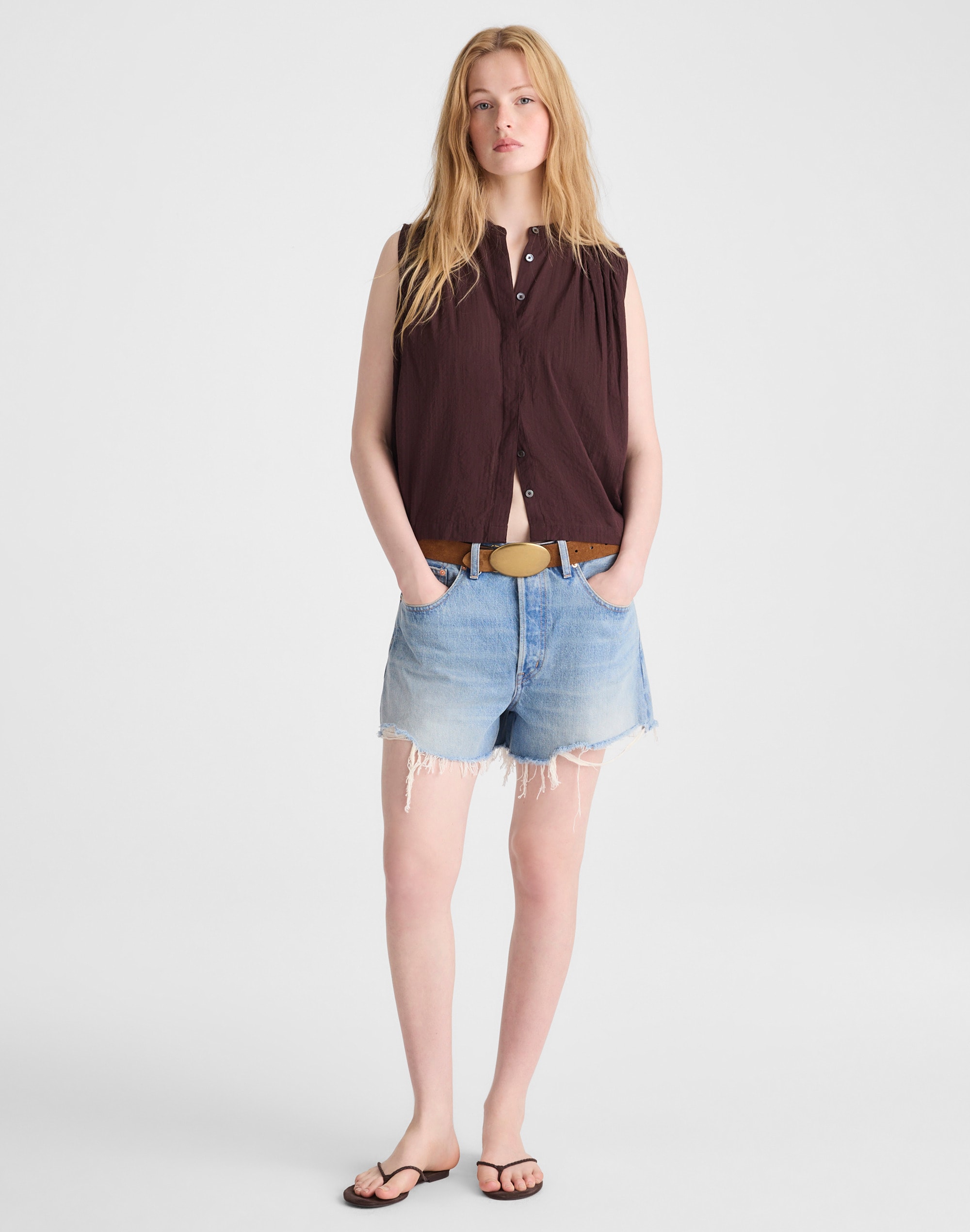 Shirred Button-Up Sleeveless Blouse