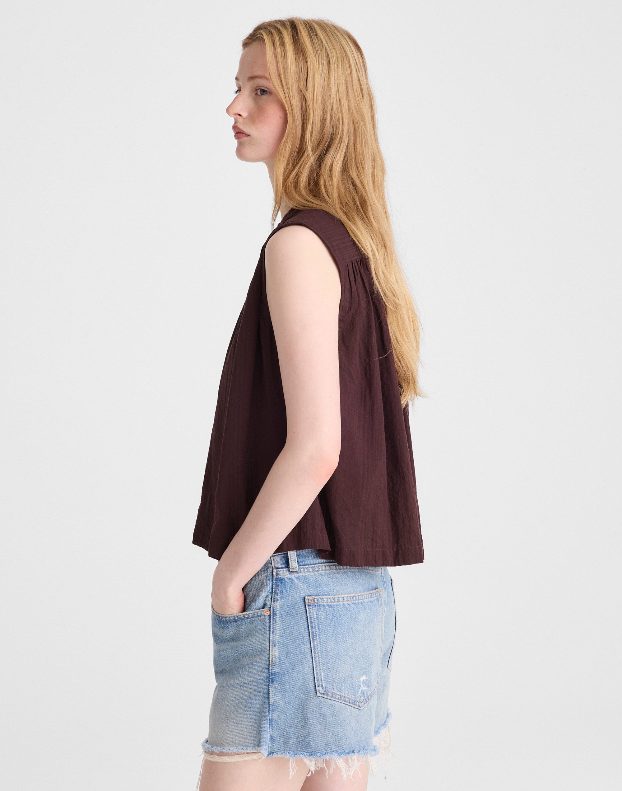 Shirred Button-Up Sleeveless Blouse
