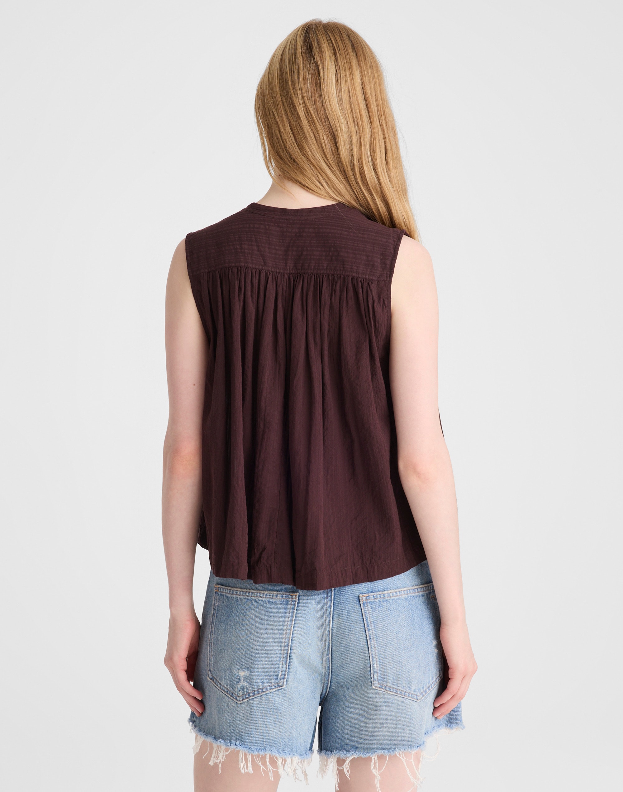 Shirred Button-Up Sleeveless Blouse