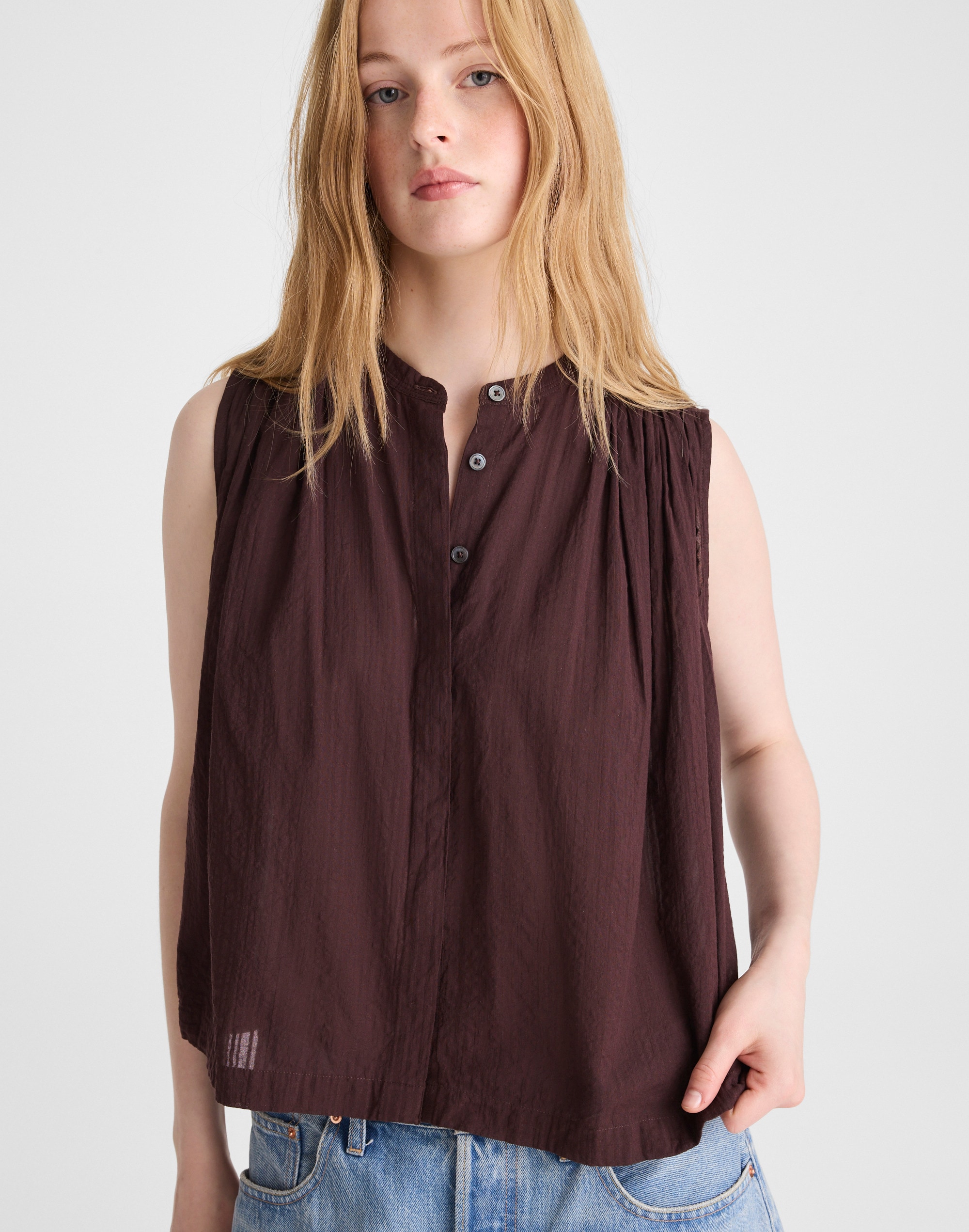 Shirred Button-Up Sleeveless Blouse