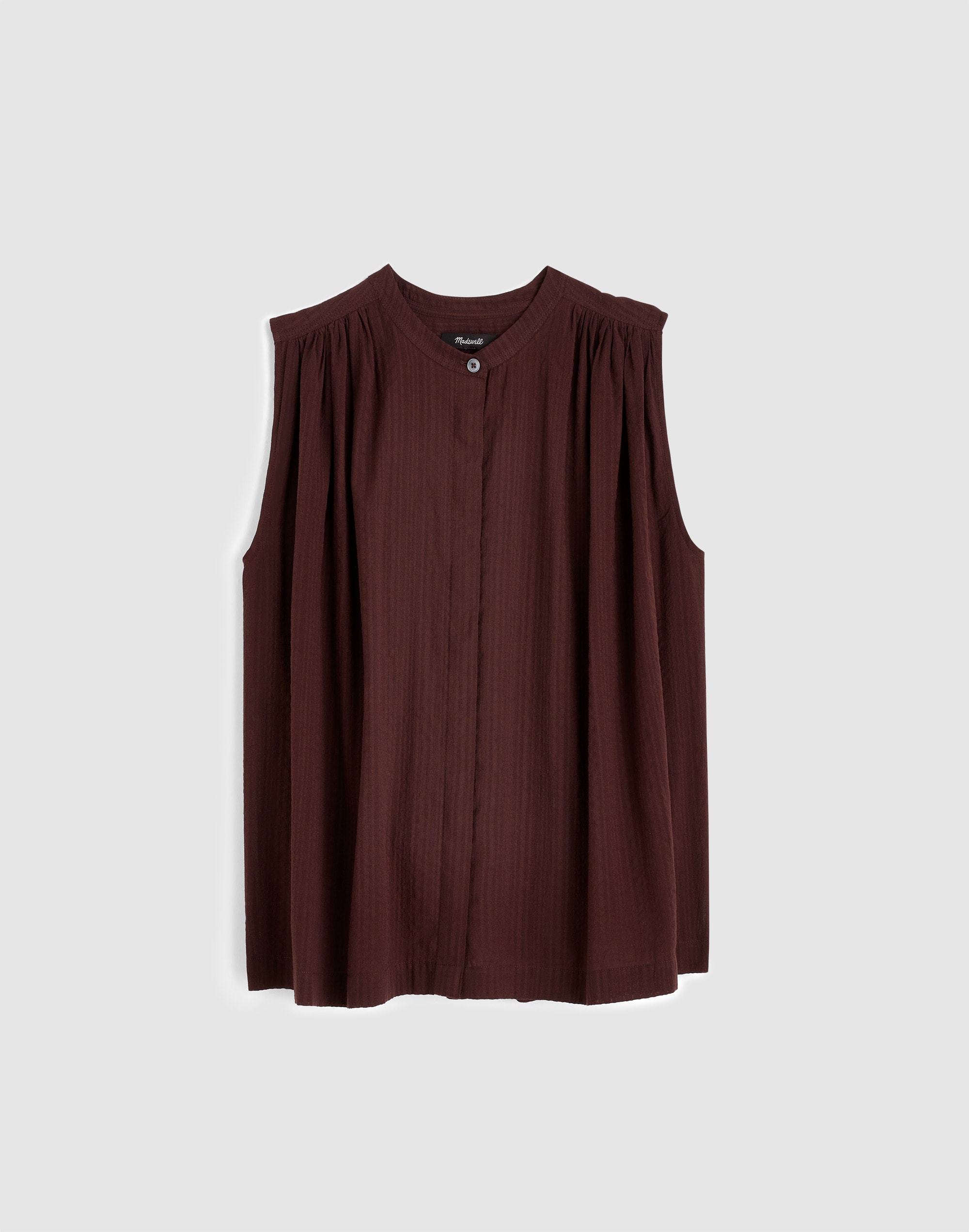 Shirred Button-Up Sleeveless Blouse