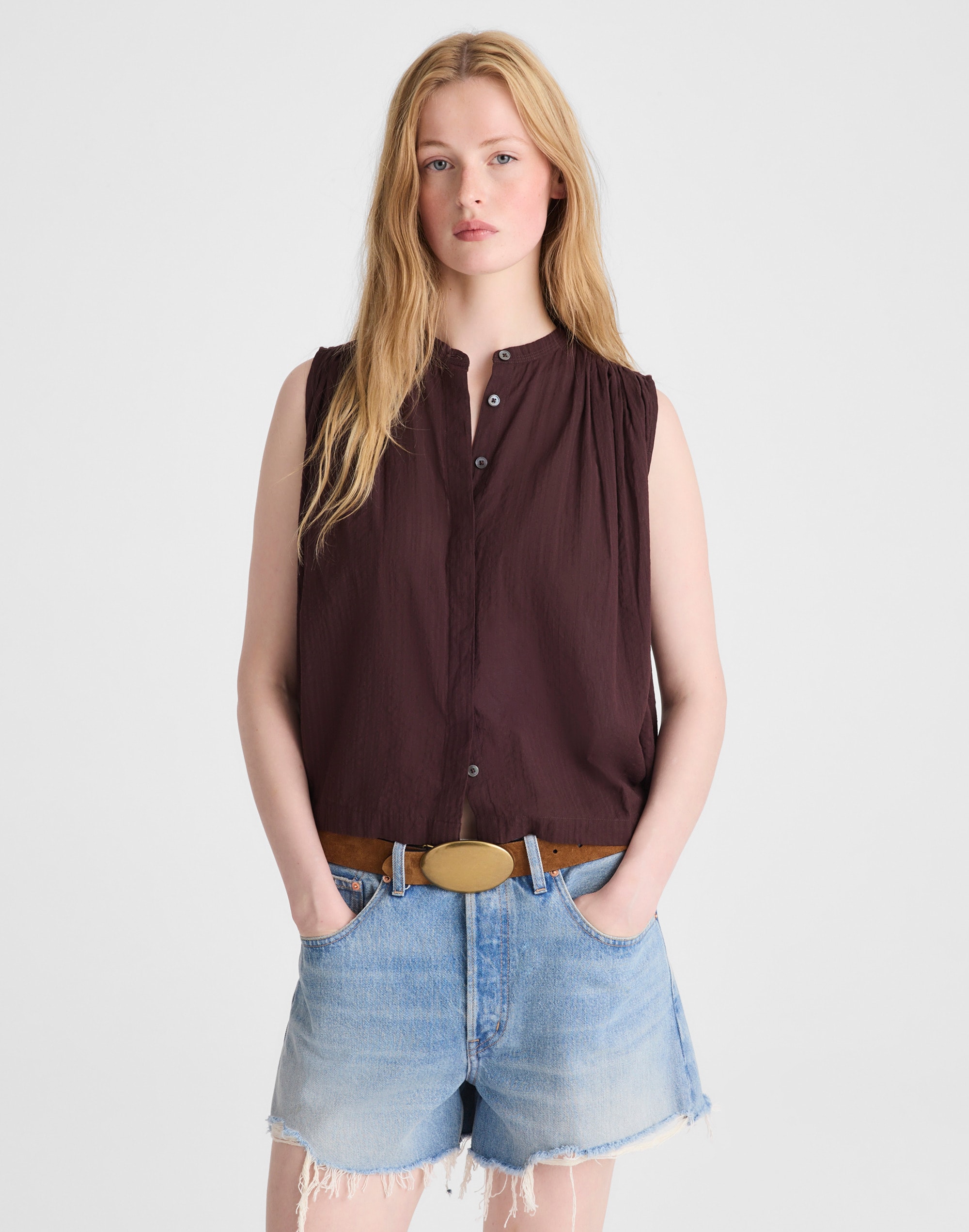 shirred button-up sleeveless blouse