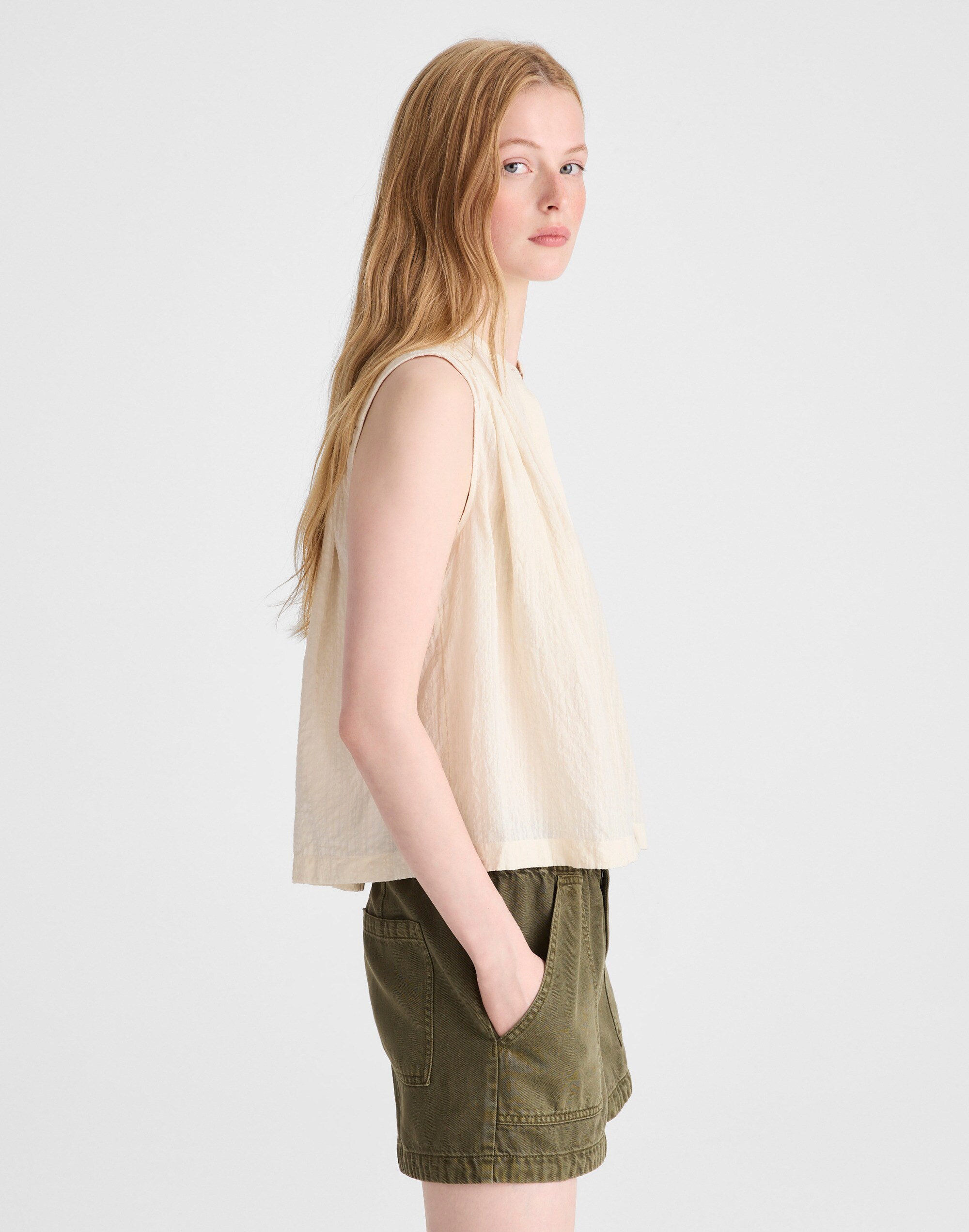 Shirred Button-Up Sleeveless Blouse