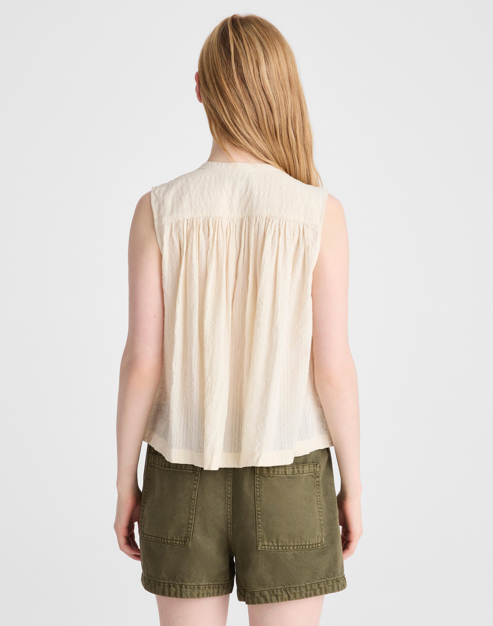 Shirred Button-Up Sleeveless Blouse