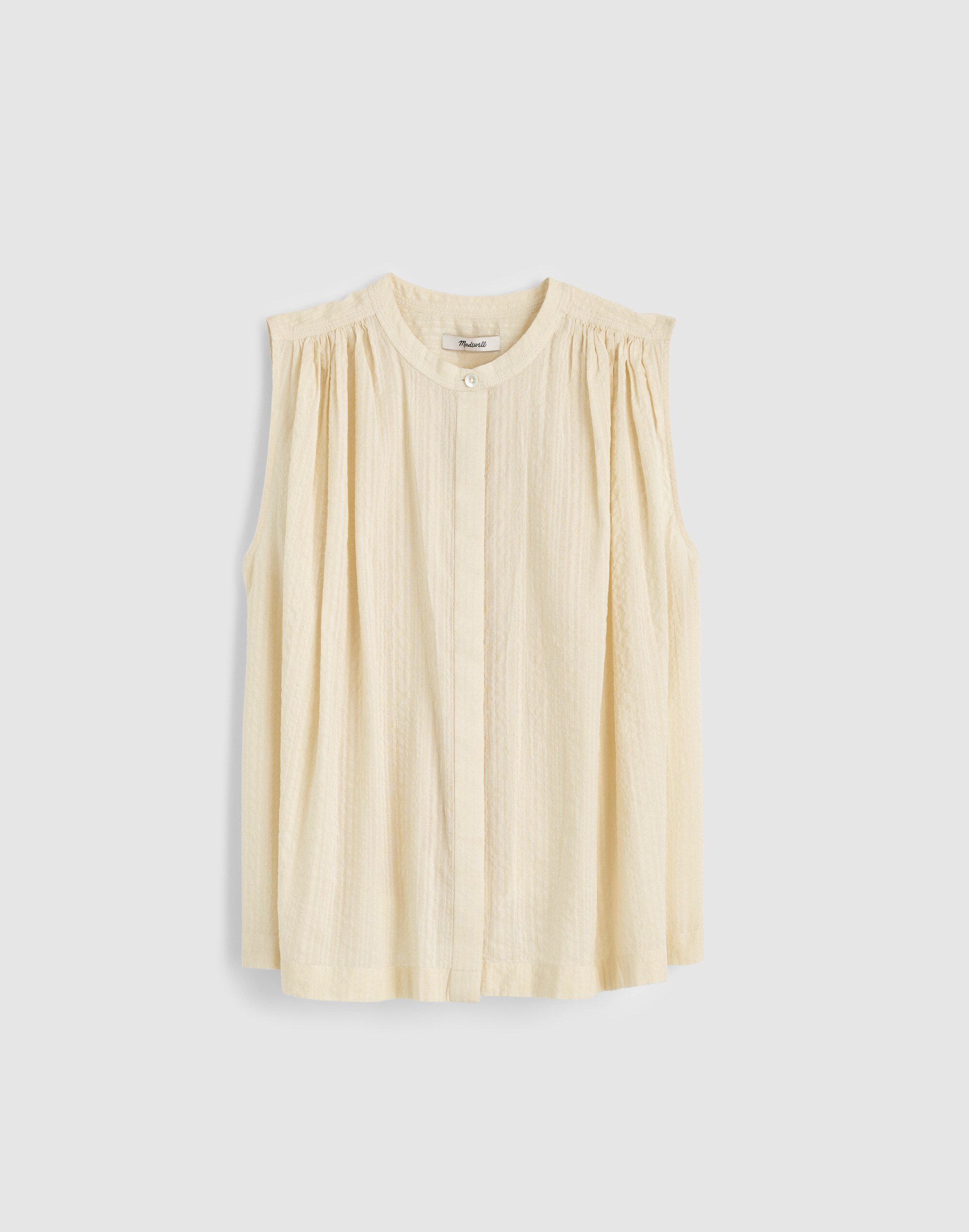 Shirred Button-Up Sleeveless Blouse