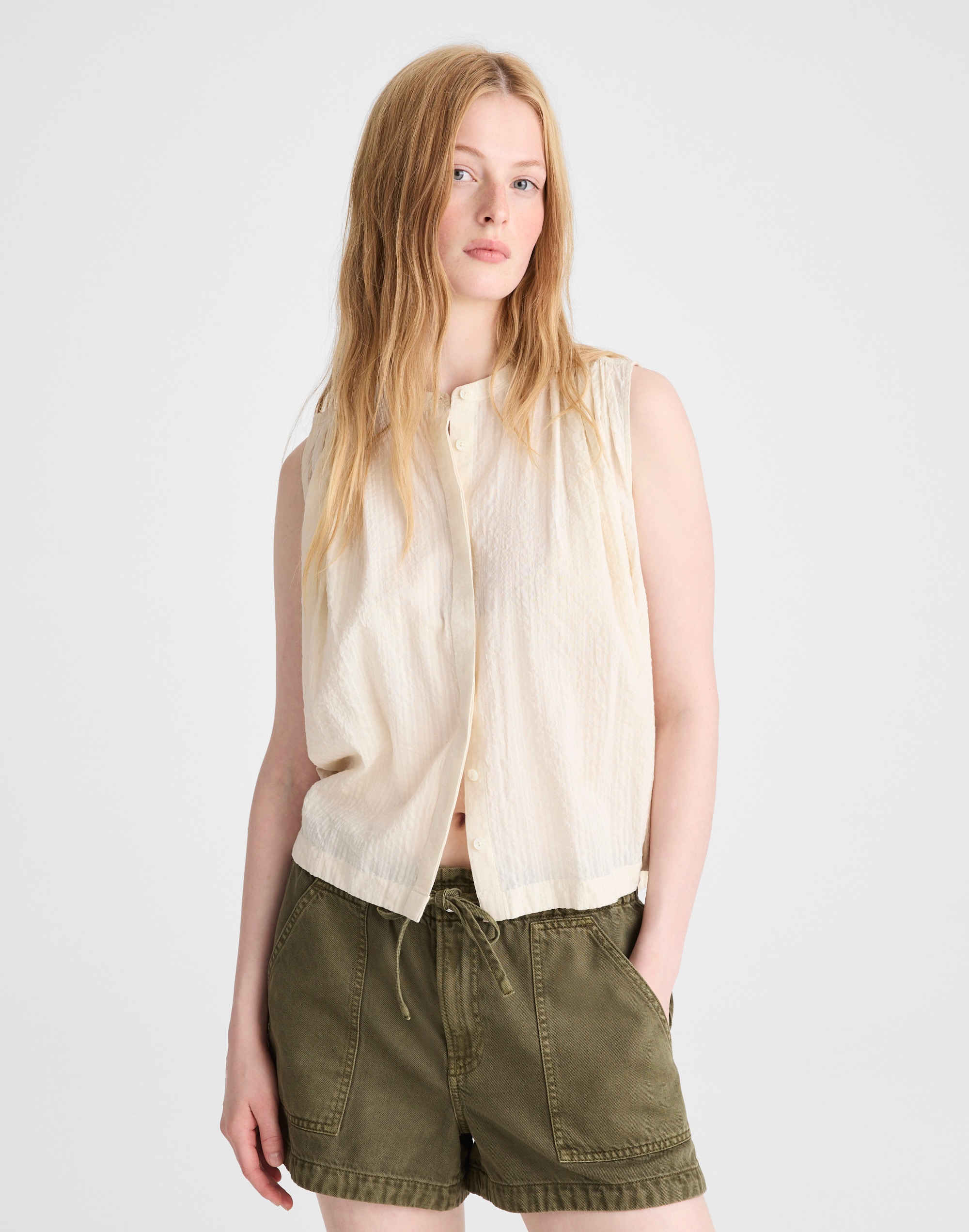 Shirred Button-Up Sleeveless Blouse
