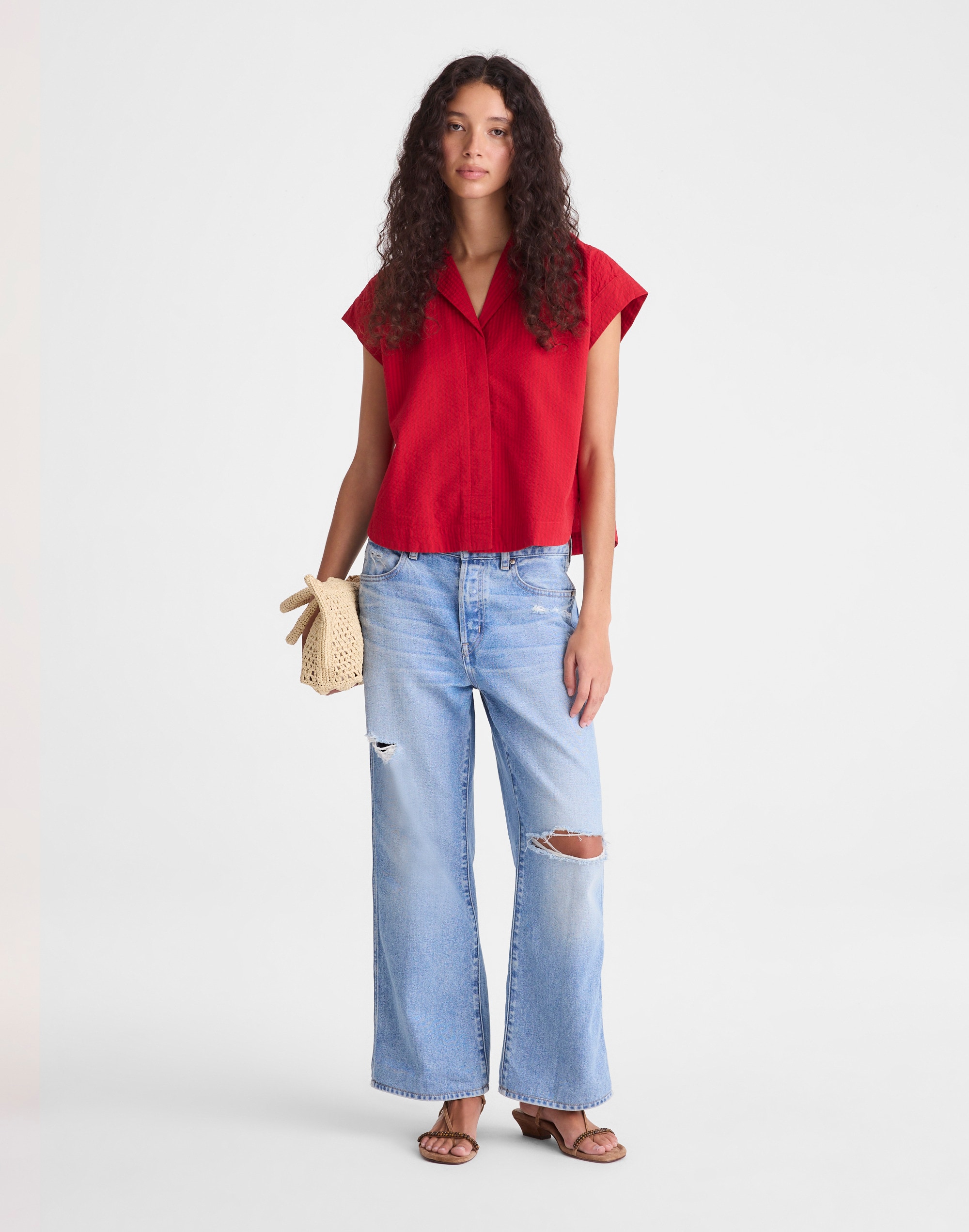 Notch-Collar Popover Shirt in Seersucker