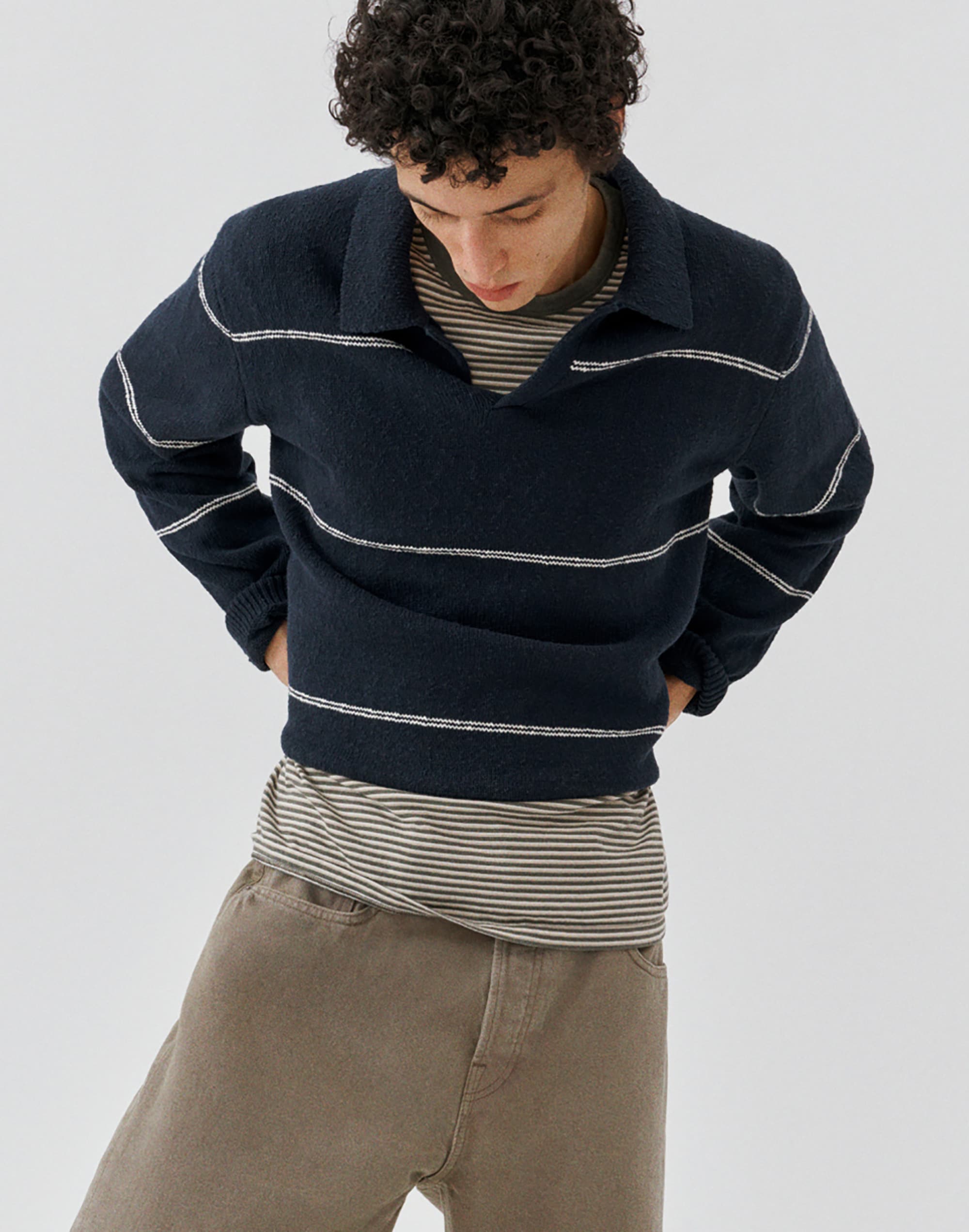 Johnny-Collar Sweater Polo in Textured Cotton