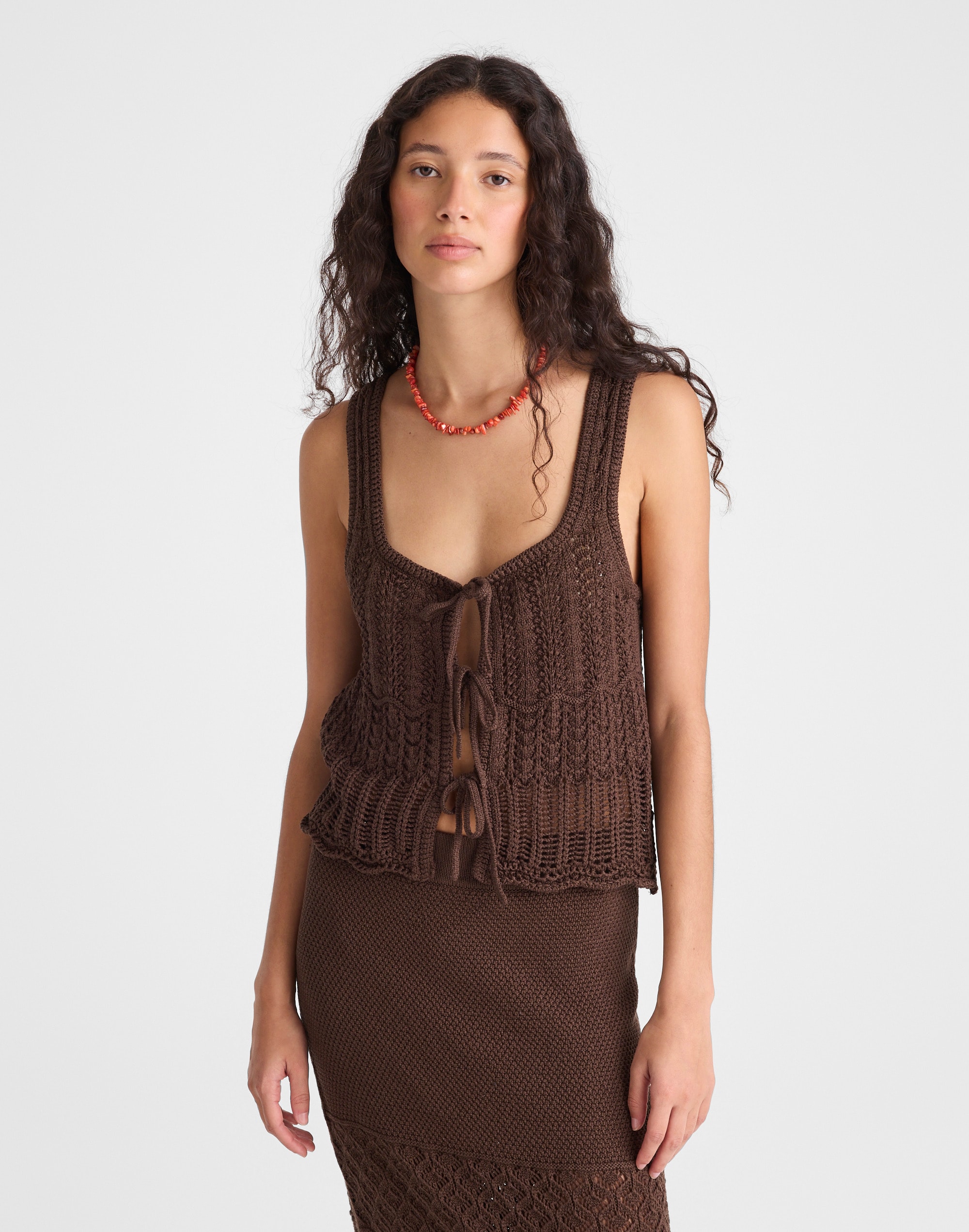 pointelle-stitch tie-front sweater tank in 100% cotton