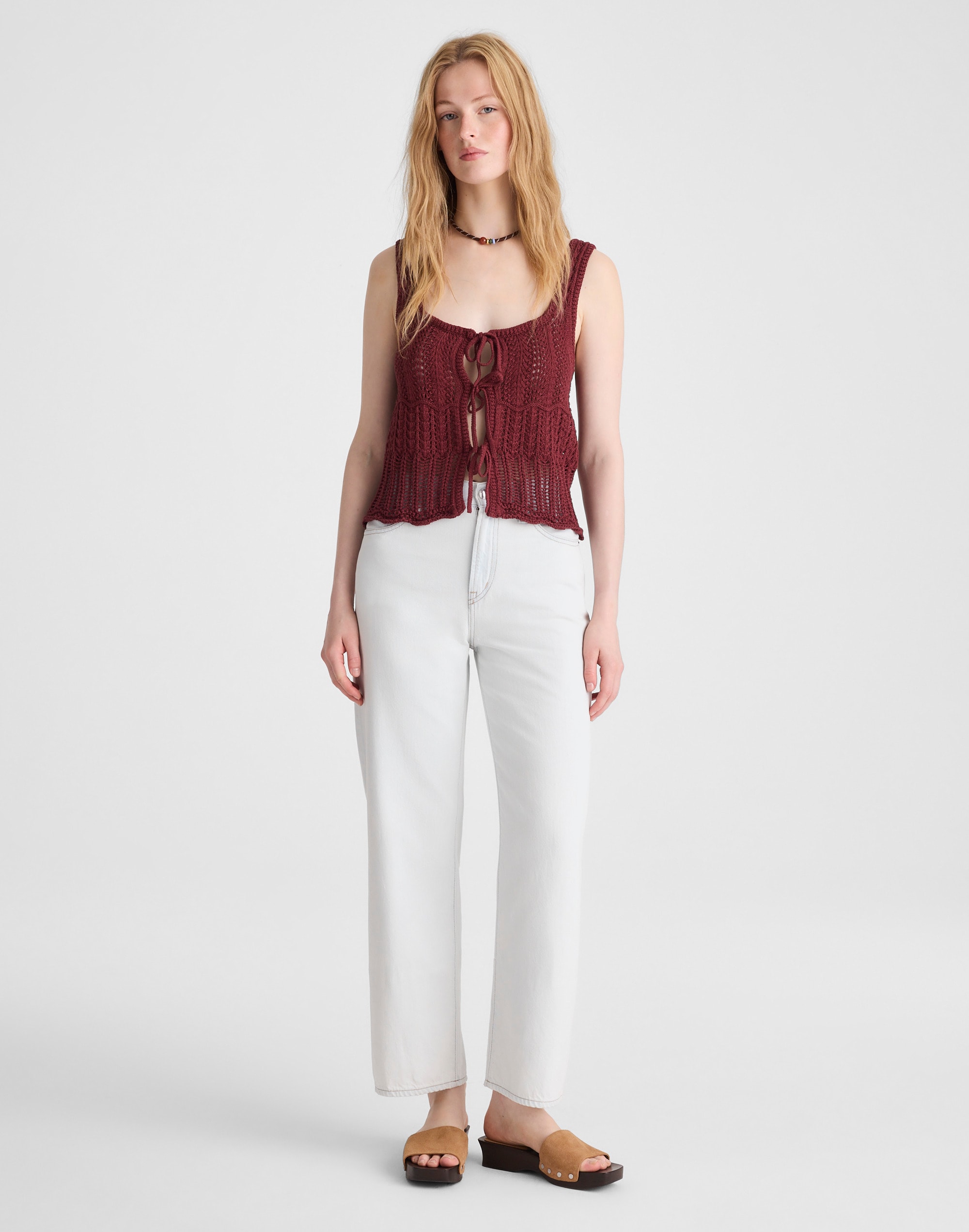 Pointelle-Stitch Tie-Front Sweater Tank in 100% Cotton