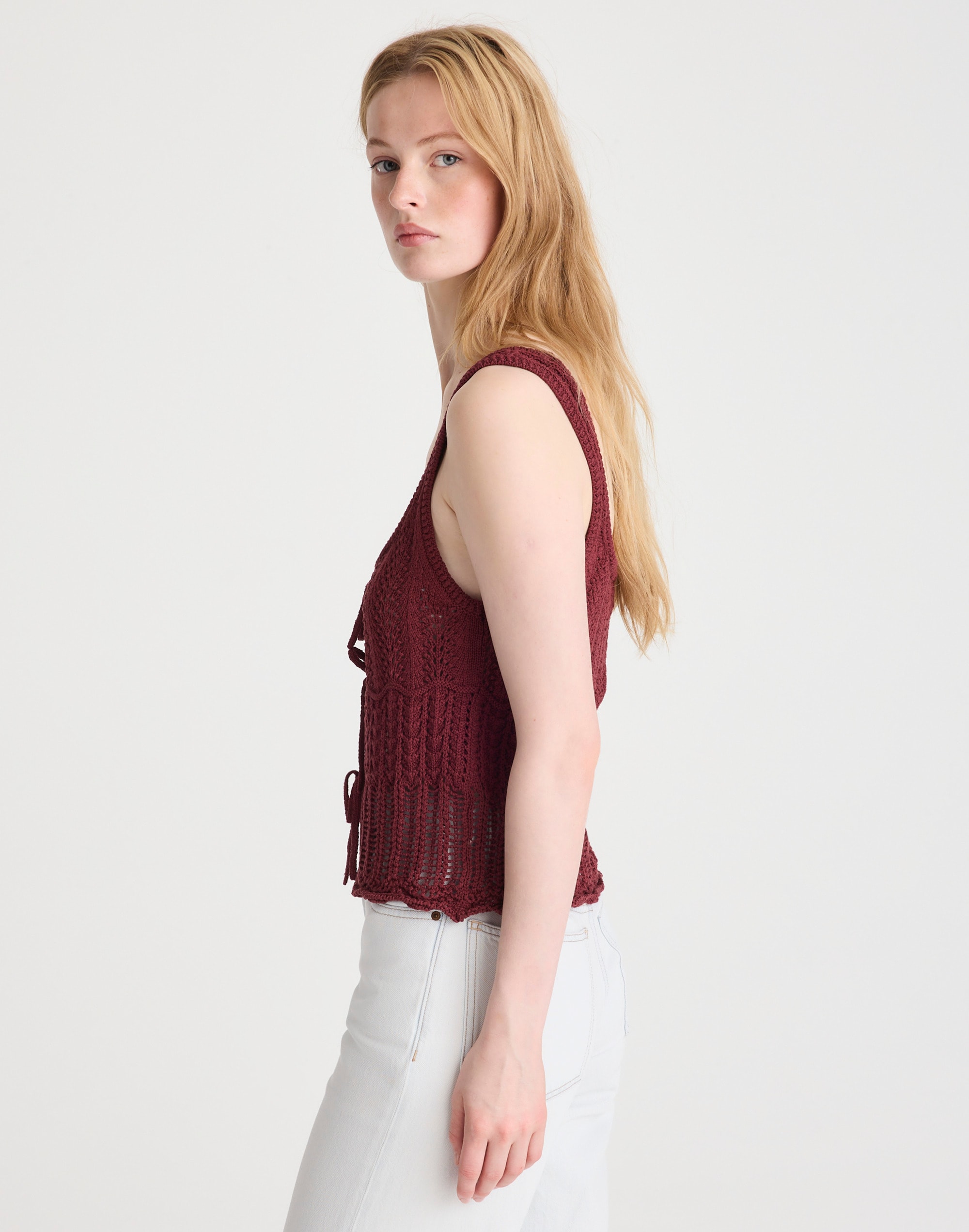 Pointelle-Stitch Tie-Front Sweater Tank in 100% Cotton