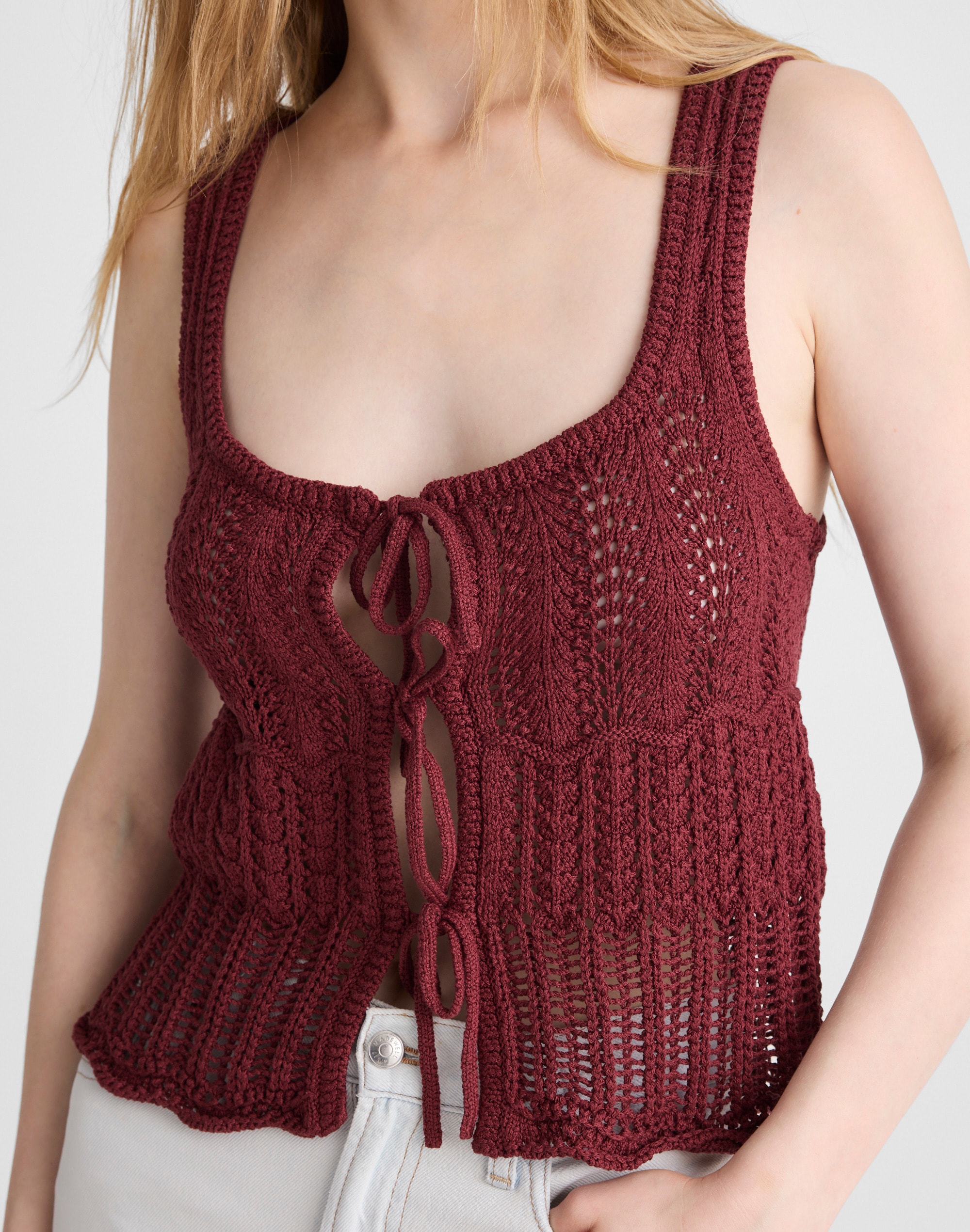 Pointelle-Stitch Tie-Front Sweater Tank in 100% Cotton