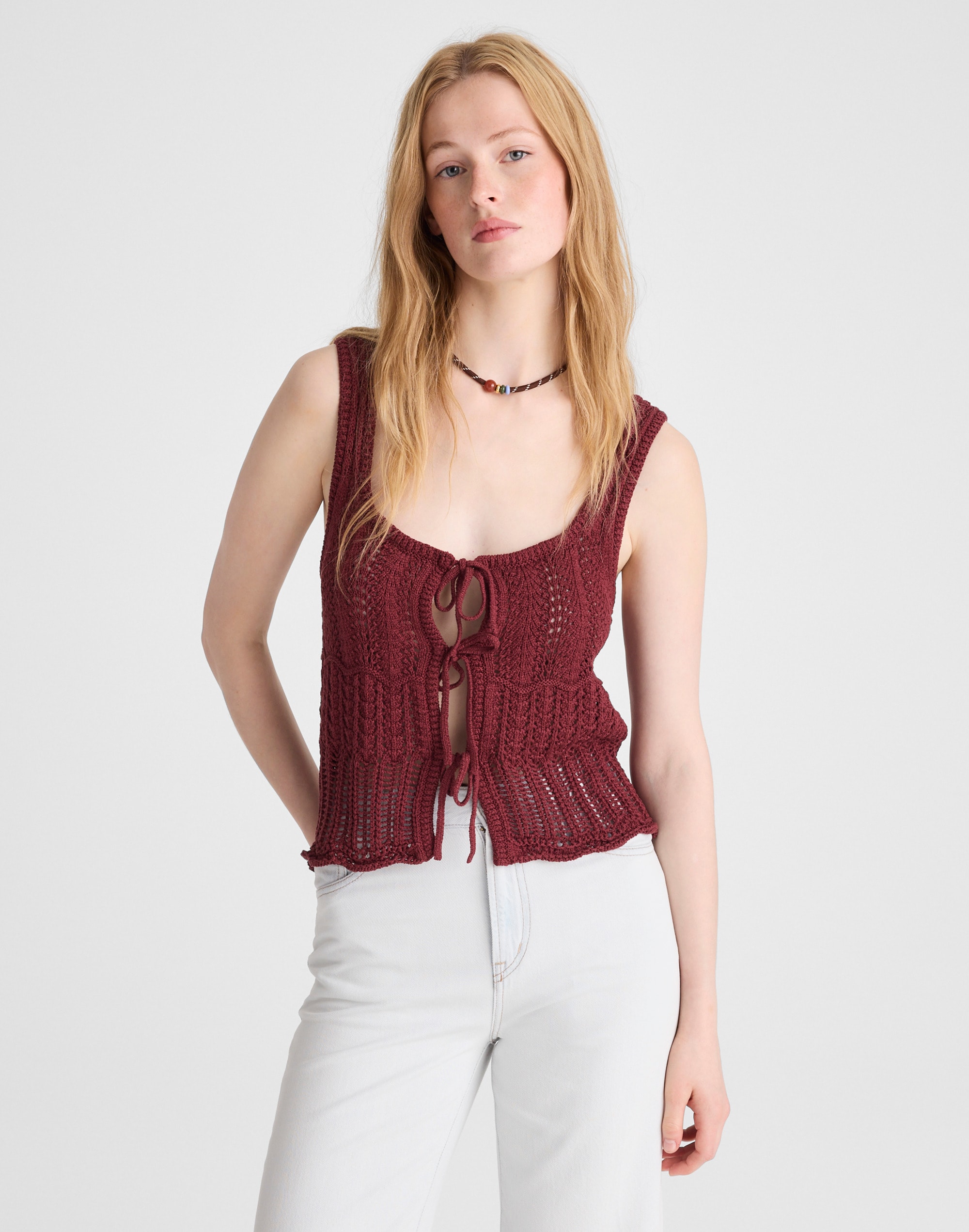 Pointelle-Stitch Tie-Front Sweater Tank in 100% Cotton