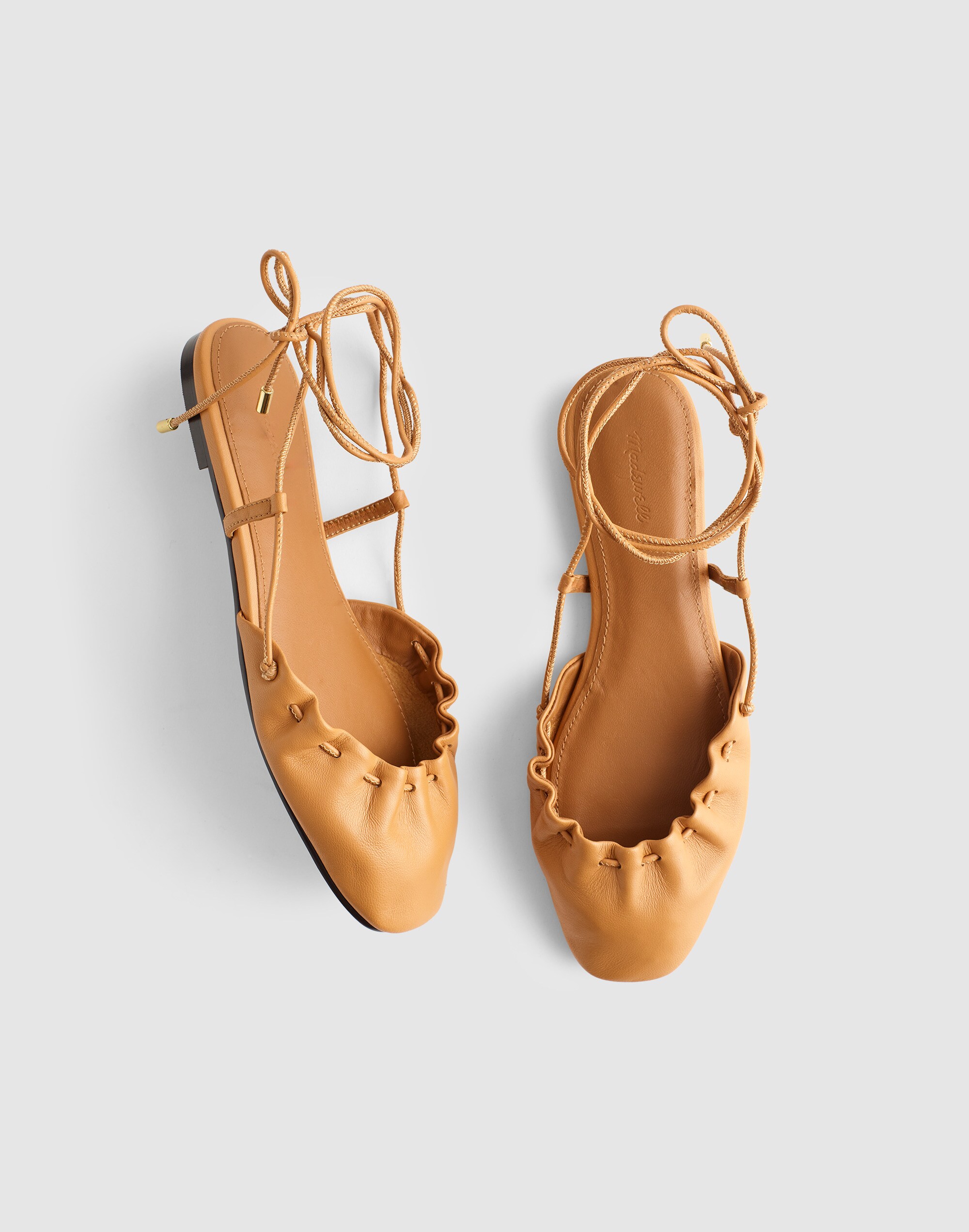 The Greta Ruched Ankle-Tie Flat in Leather