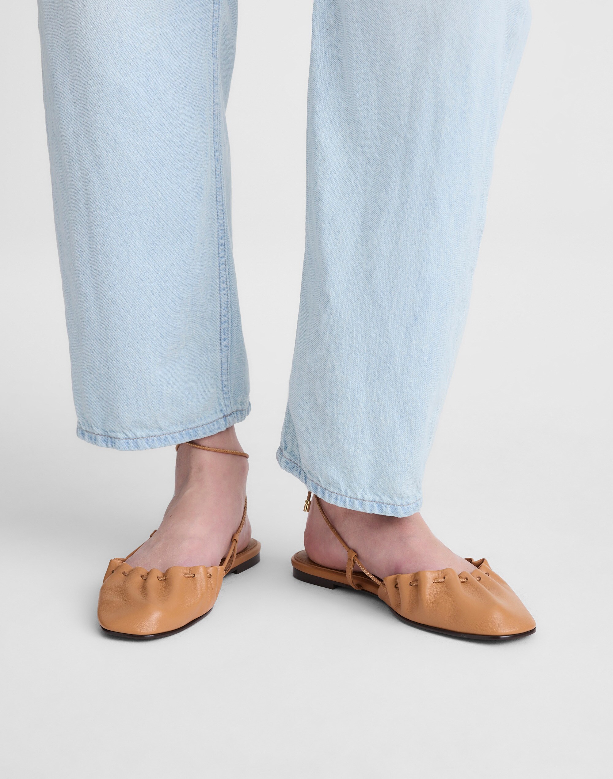 The Greta Ruched Ankle-Tie Flat in Leather