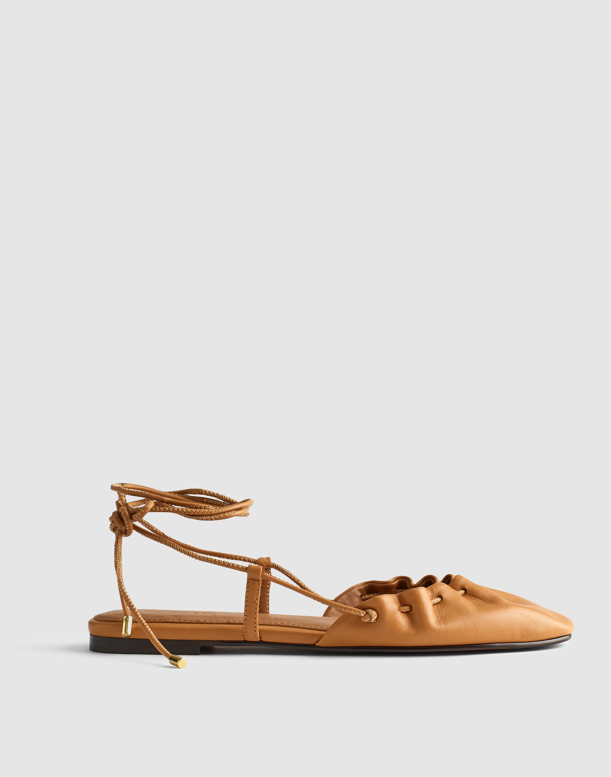 The Greta Ruched Ankle-Tie Flat in Leather