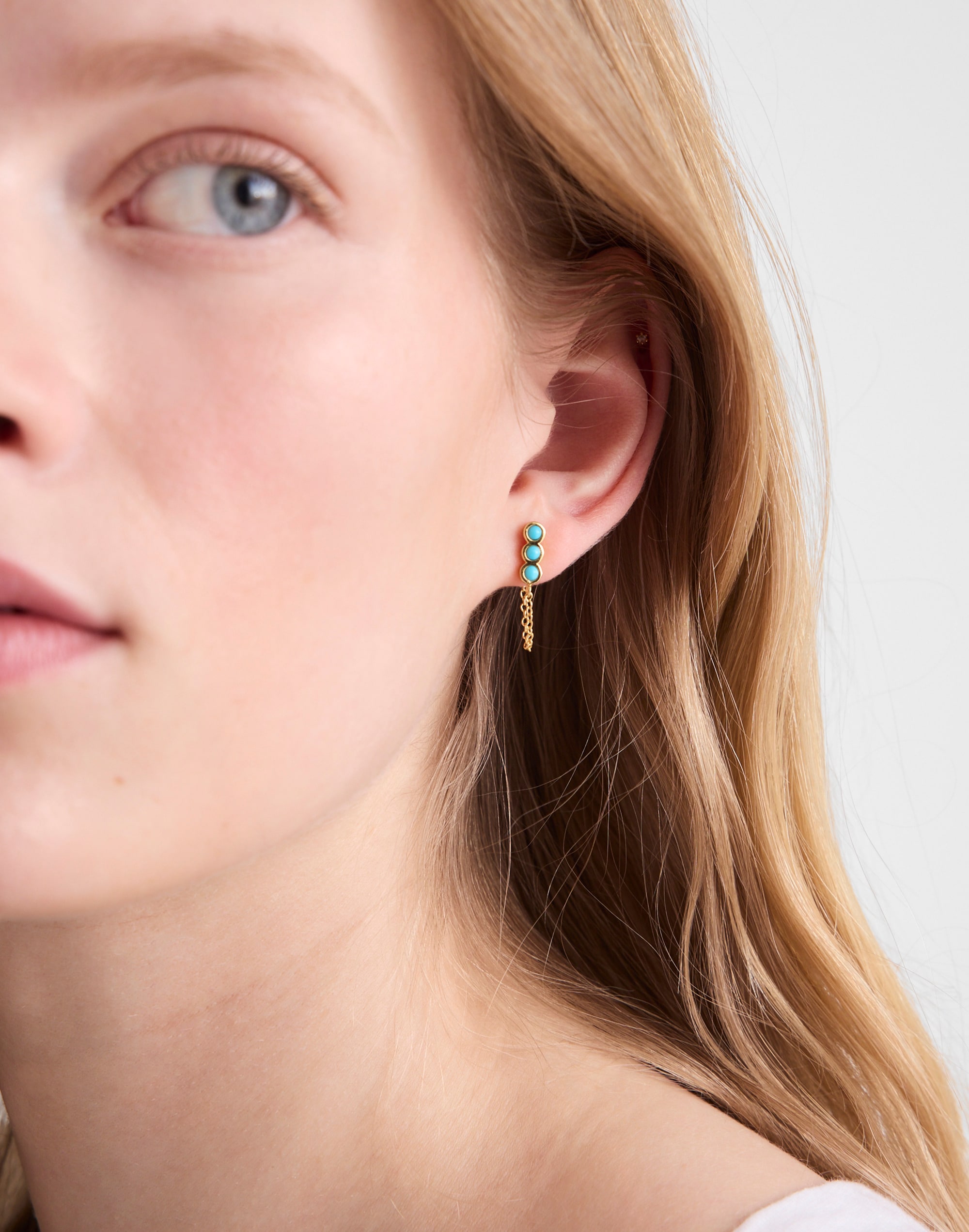 Demi-Fine Bezel Set Turquoise Chain Stud Earrings
