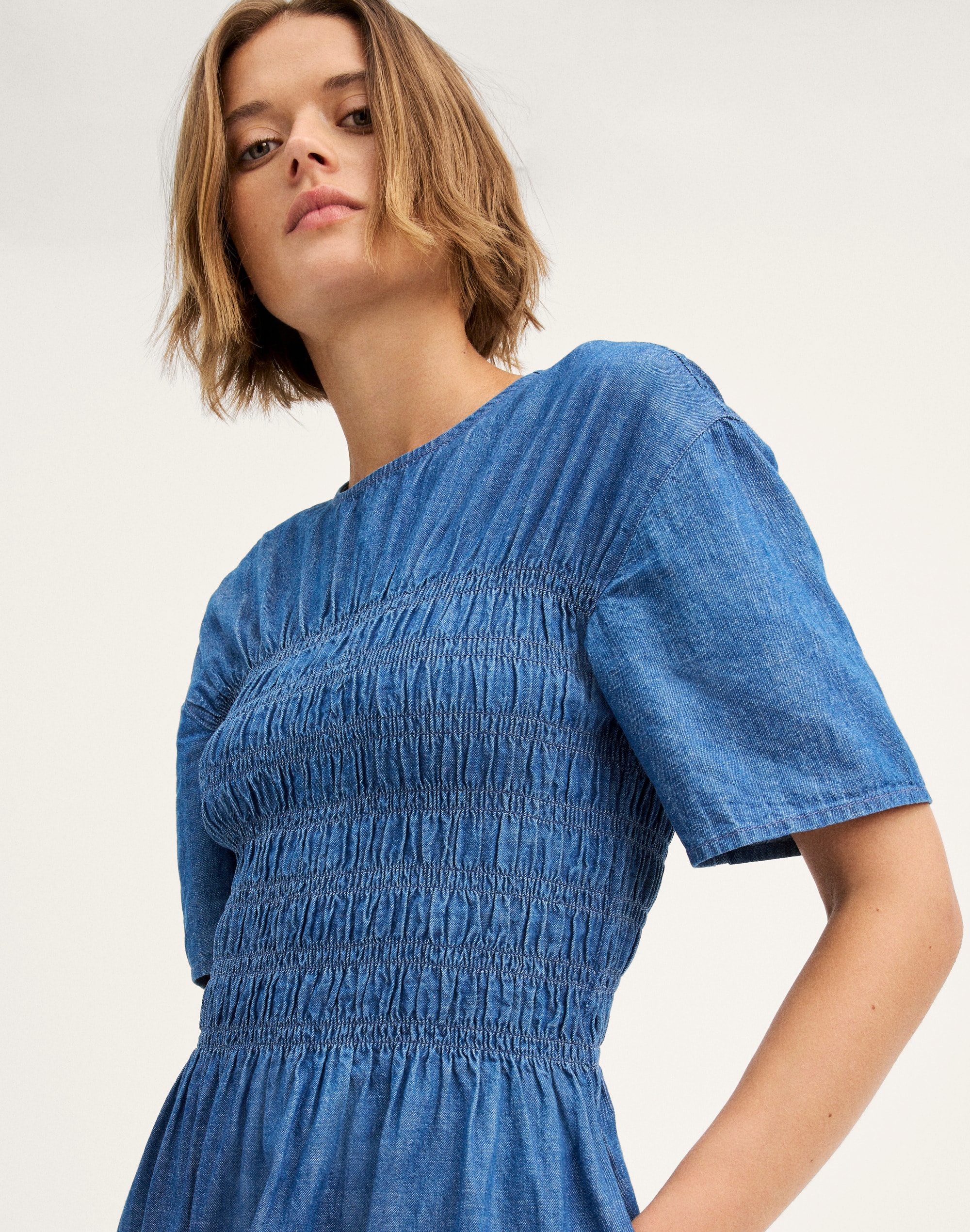 Denim Smocked Mini Dress